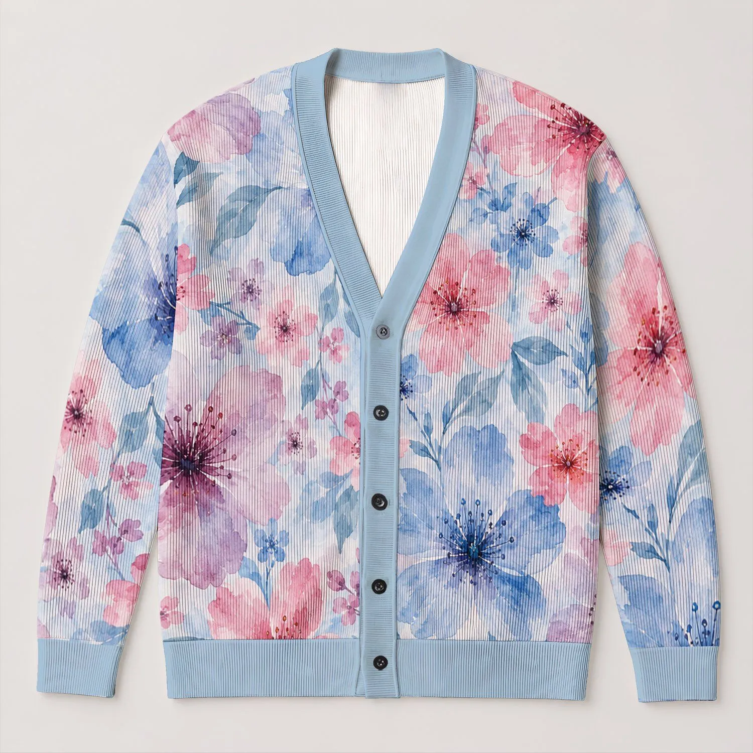 Pastel Blue Pink Floral Layering Style for Women, Elegant Spring Fall Everyday Wardrobe All-over Print Knitted Cardigan - 1
