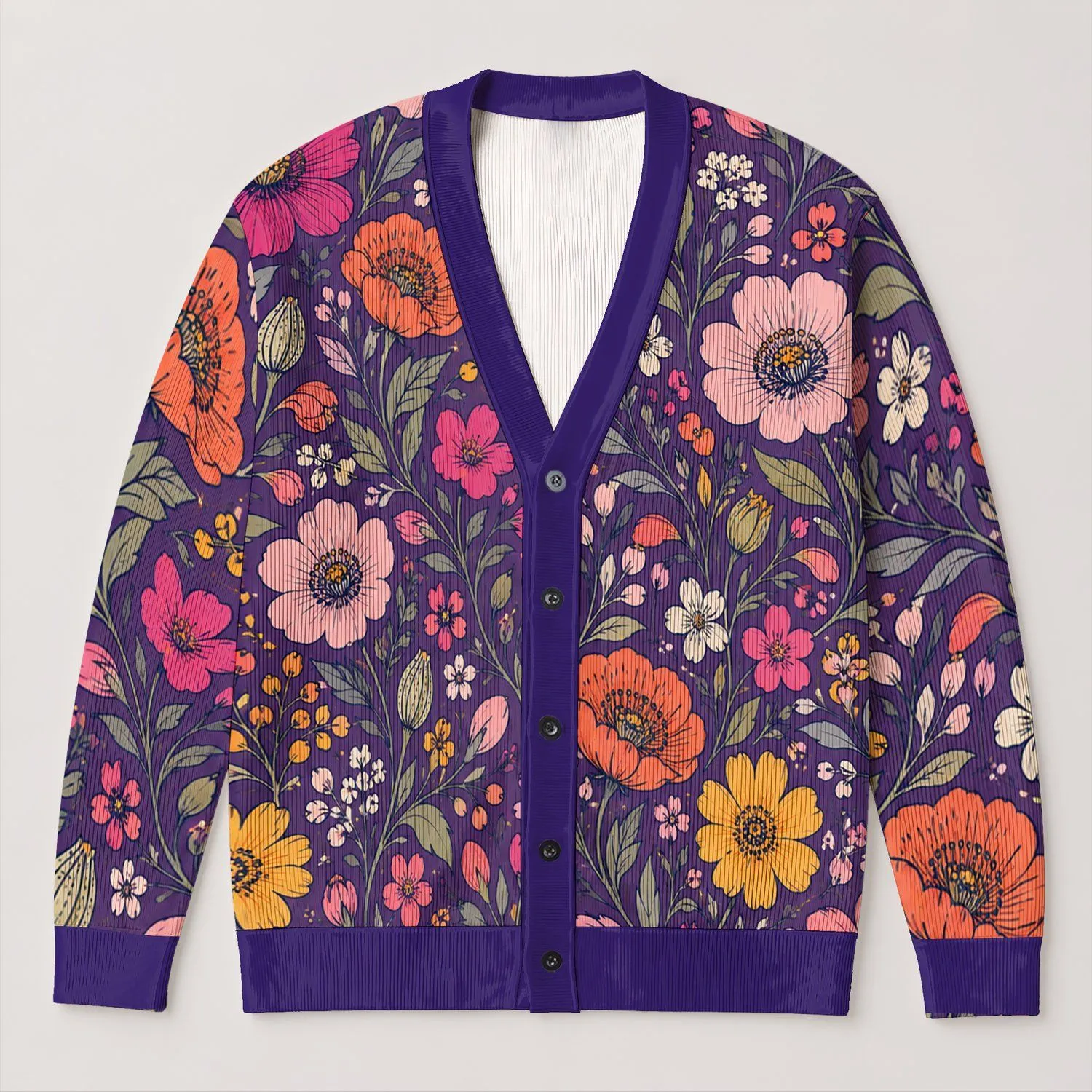 Colorful Floral Blooms for Autumn Layering and Cozy Everyday Outings for Plus Size Women All-over Print Knitted Cardigan - 1