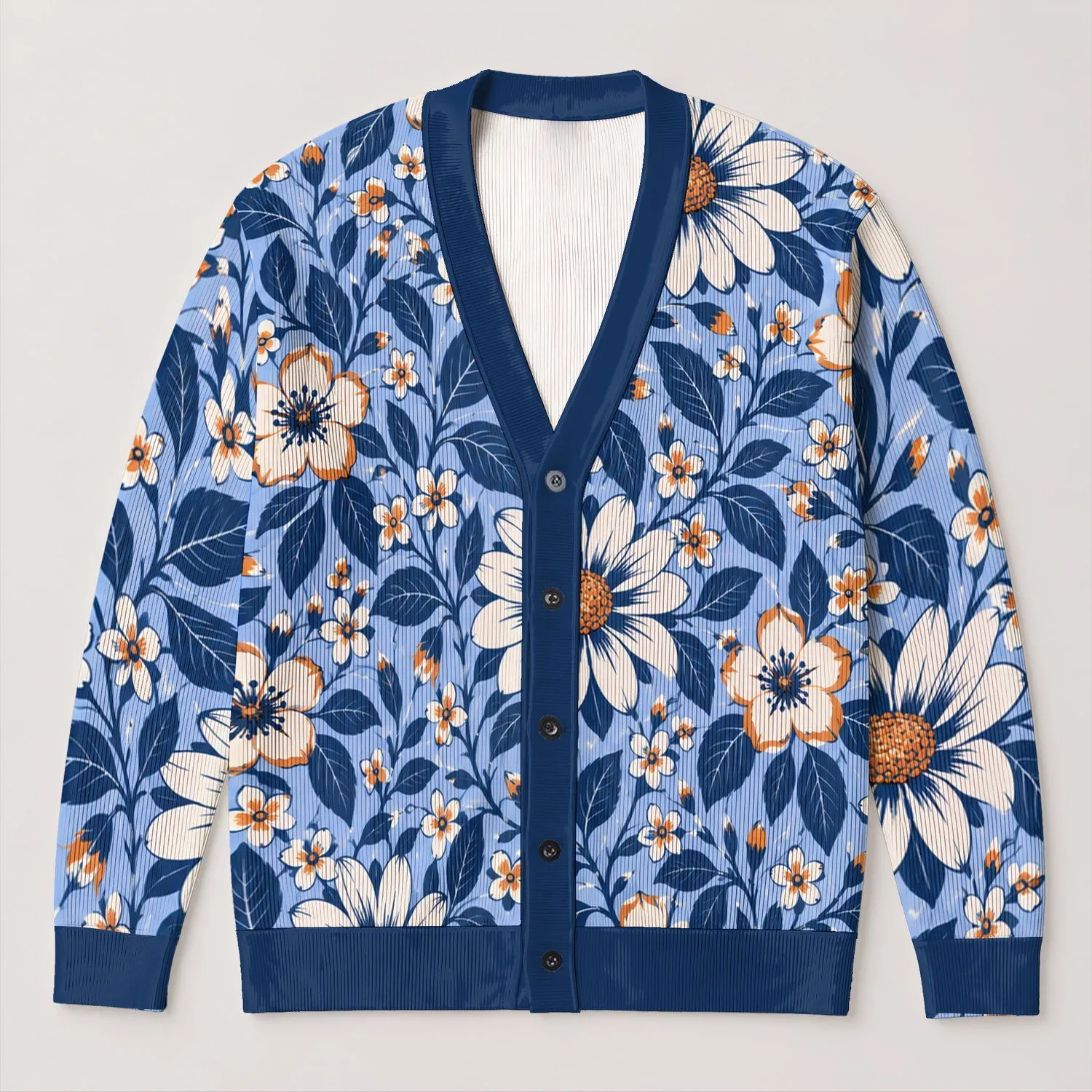 Blue Daisy Floral Blooms for Relaxed Everyday Layering and Cozy Weekend Casual Style All-over Print Knitted Cardigan - 1