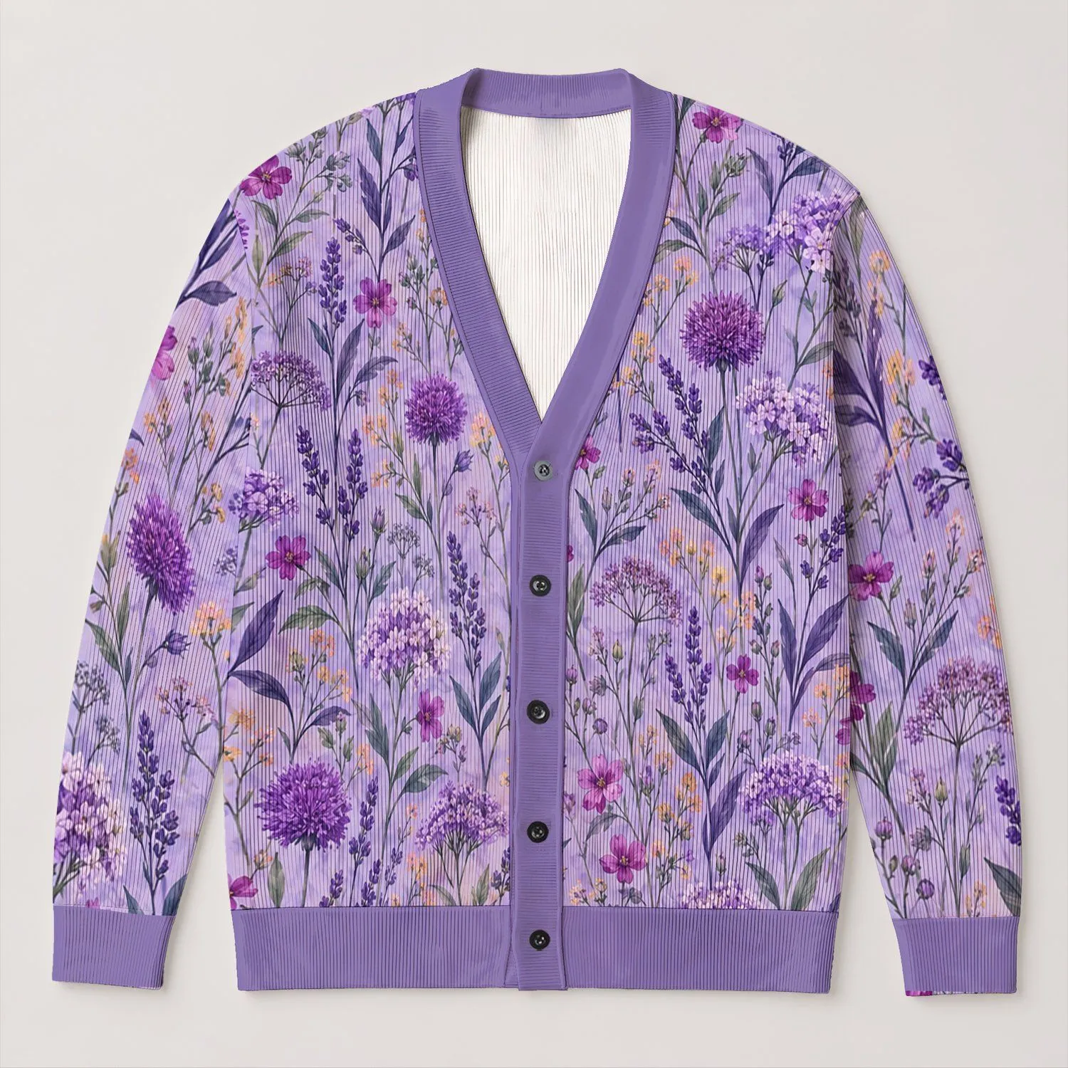 Purple Wildflower Meadow Motifs for Relaxed Autumn Layering and Thoughtful Gifts for Women All-over Print Knitted Cardigan - 1