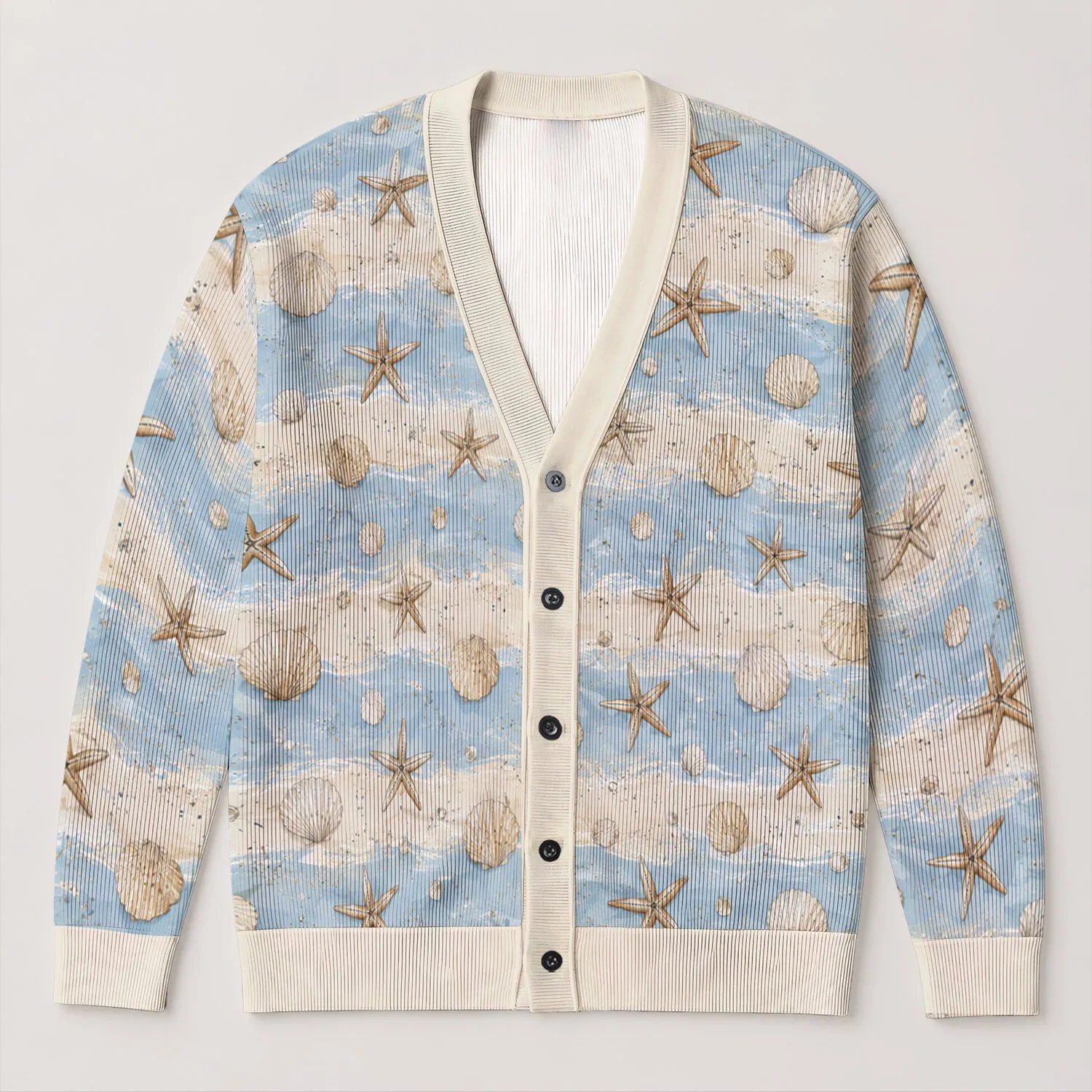 Starfish And Seashell Coastal Stripes For Beach Vacations And Relaxed Summer Layering All-over Print Knitted Cardigan - 1