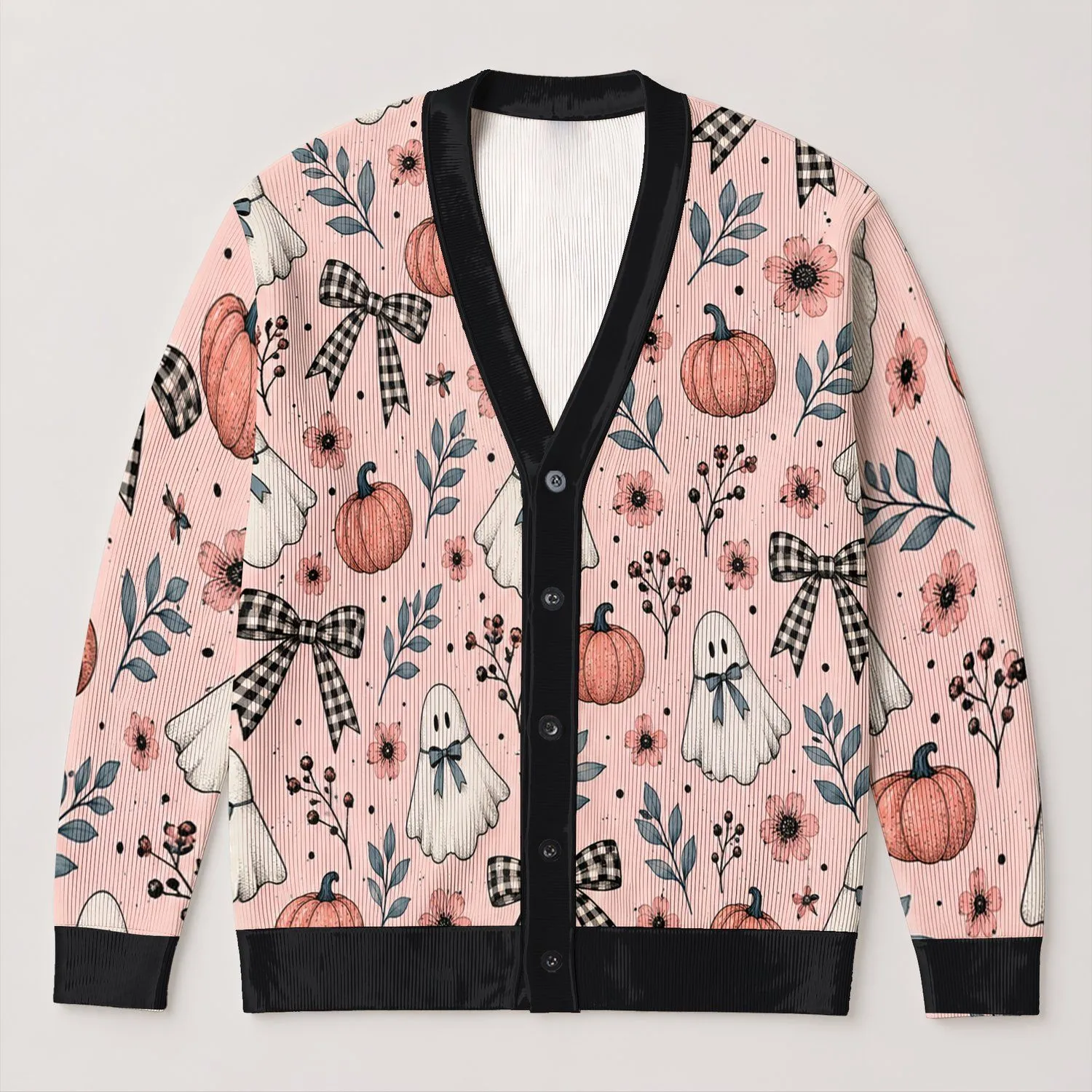 Spooky Ghosts, Pumpkins and Plaid Bows for Halloween Layering Women Fall Outfit Cozy All-over Print Knitted Cardigan - 1