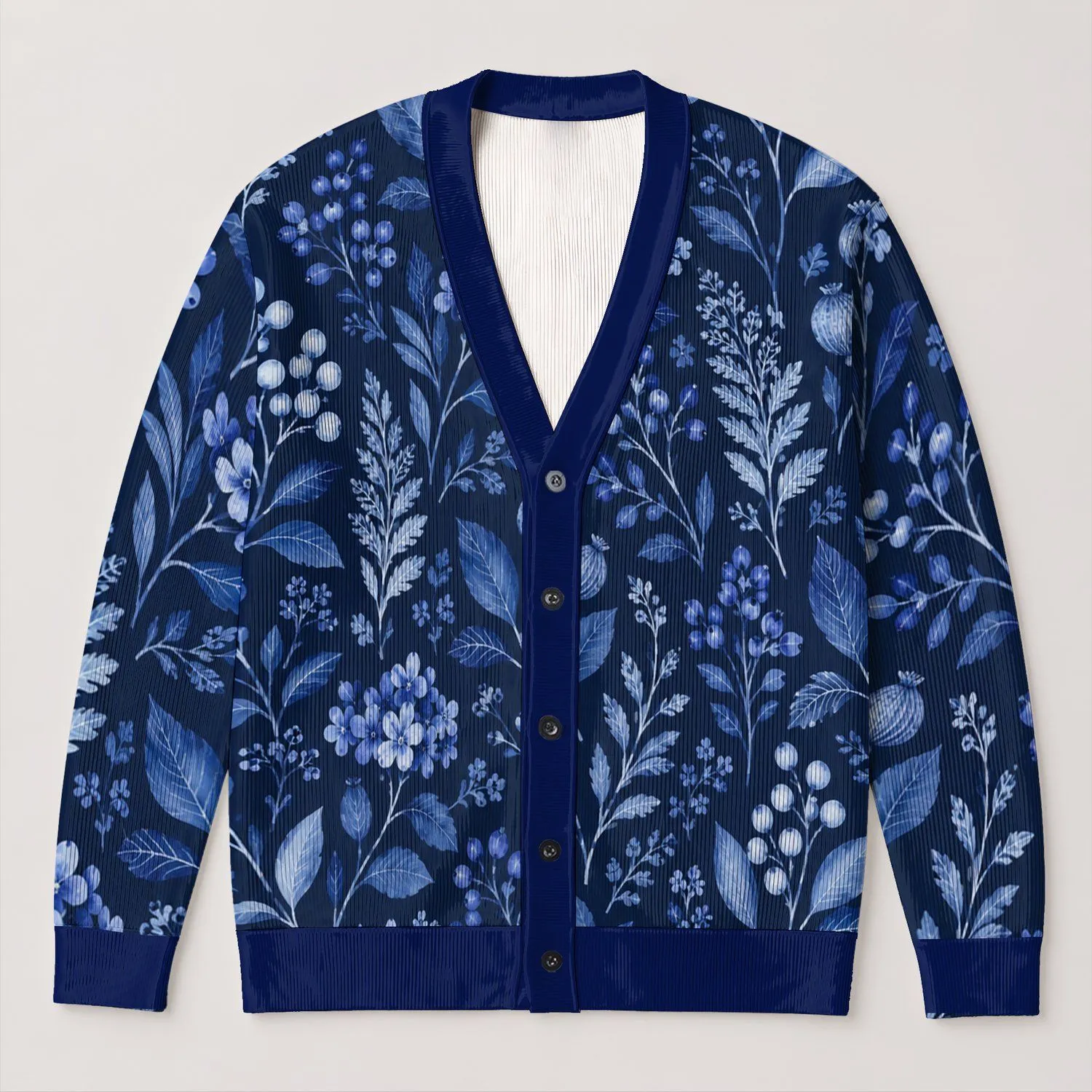 Blue Botanical Foliage for Autumn Layering, Everyday Office Style and Evening Events All-over Print Knitted Cardigan - 1