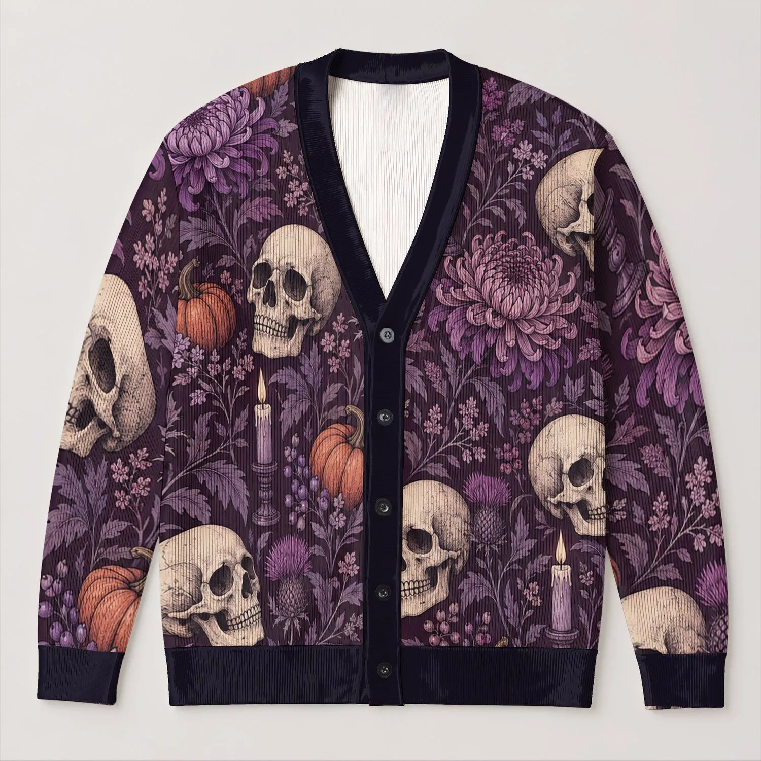 Skulls And Chrysanthemums For Moody Autumn Evenings And Halloween Gatherings For Women All-over Print Knitted Cardigan - 1