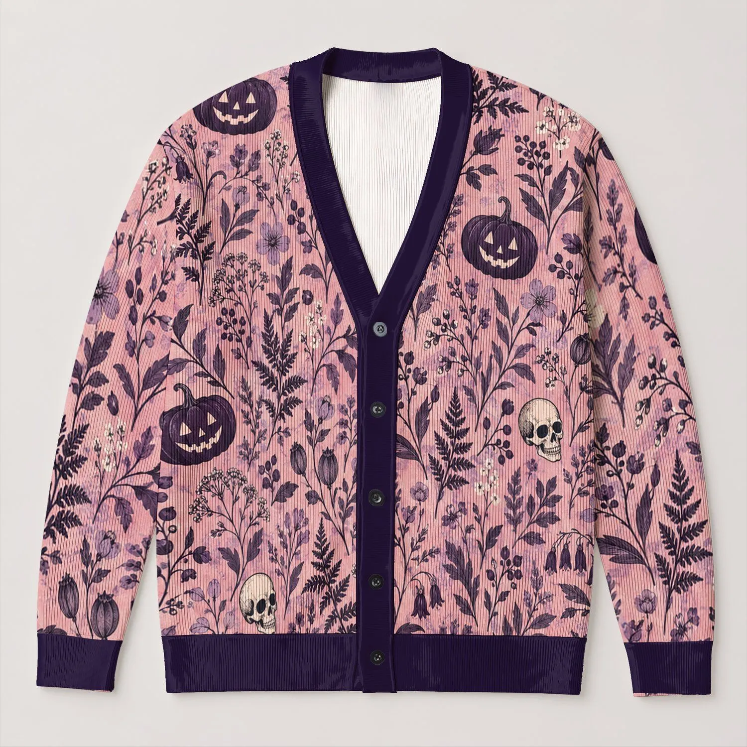 Skull Pumpkin Botanical Motifs For Halloween And Fall Layering, Gothic Boho Women All-over Print Knitted Cardigan - 1