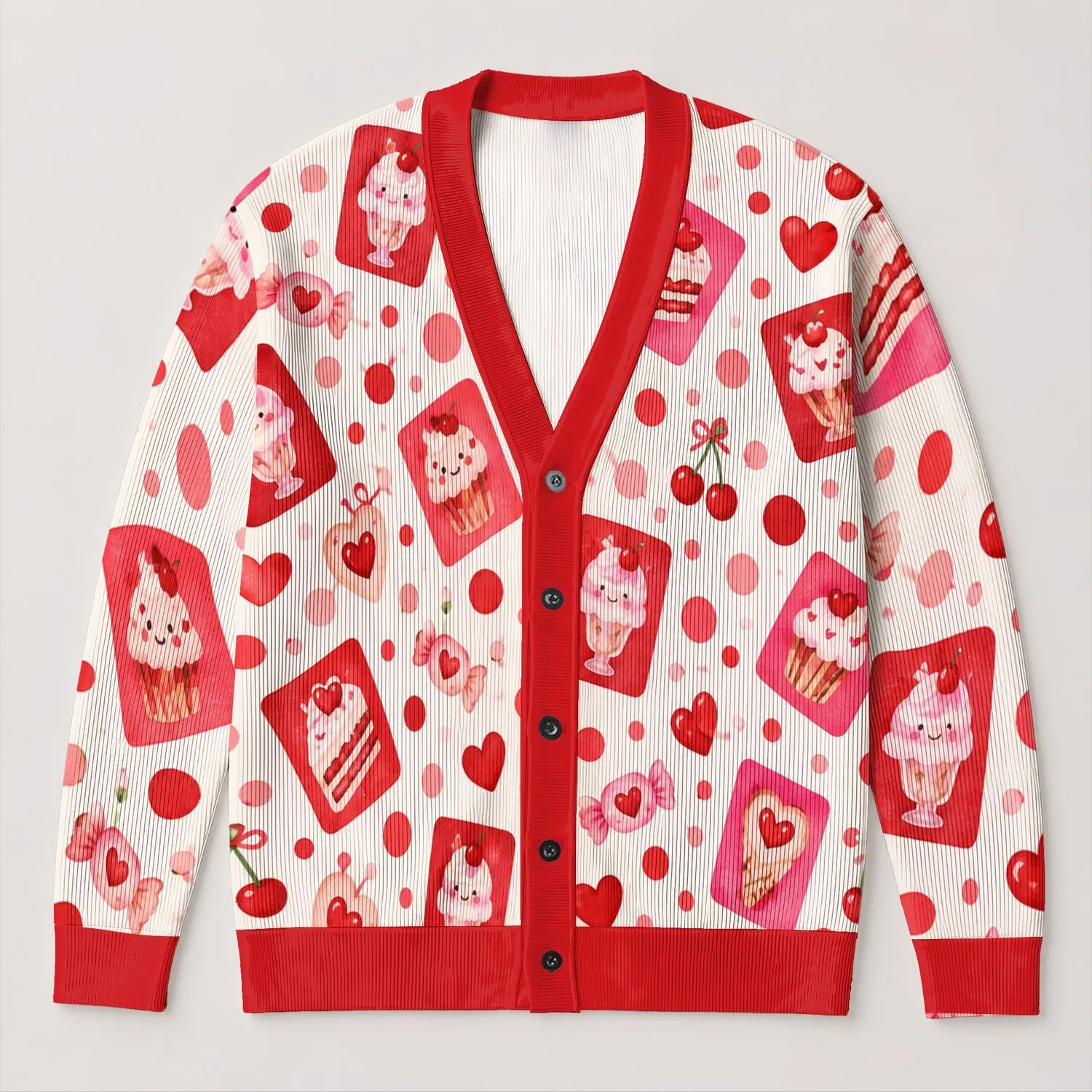 Pink Ice Cream Hearts And Polka Dots For Sweet Everyday Layering Style All-over Print Knitted Cardigan - 1