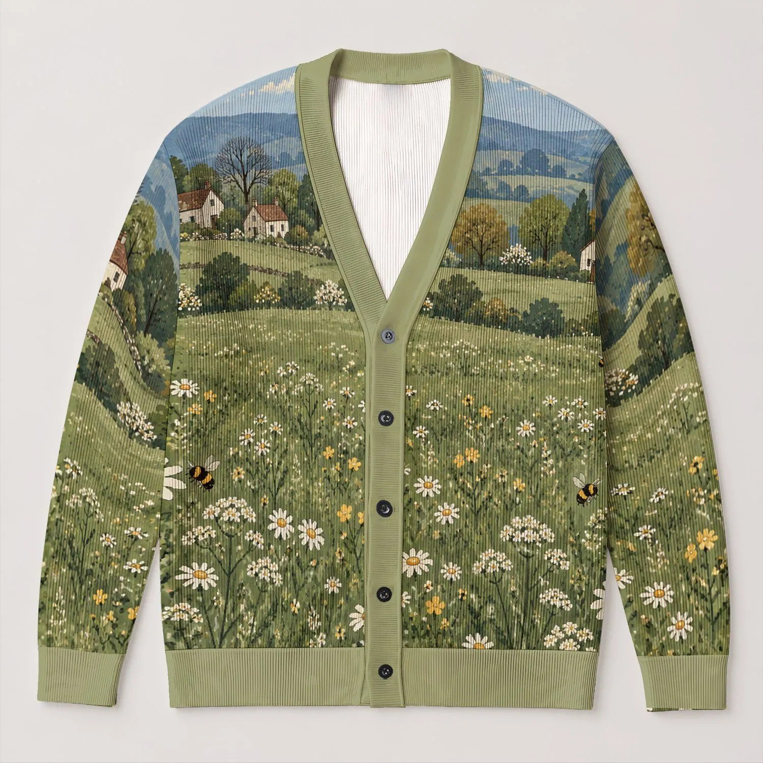 Countryside Village Meadow Daisies And Bees For Casual Autumn Layering Women Outdoors All-over Print Knitted Cardigan - 1