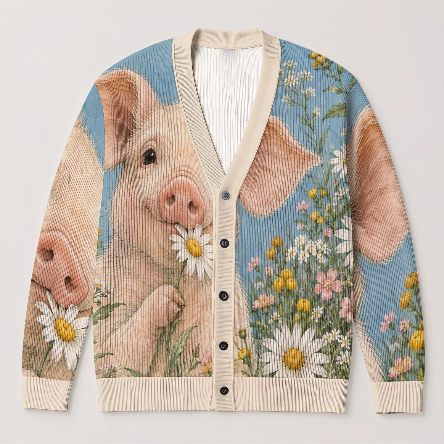 Cute Pig And Daisy Meadow Companion For Everyday Outings And Farmhouse Style Lovers All-over Print Knitted Cardigan - 1
