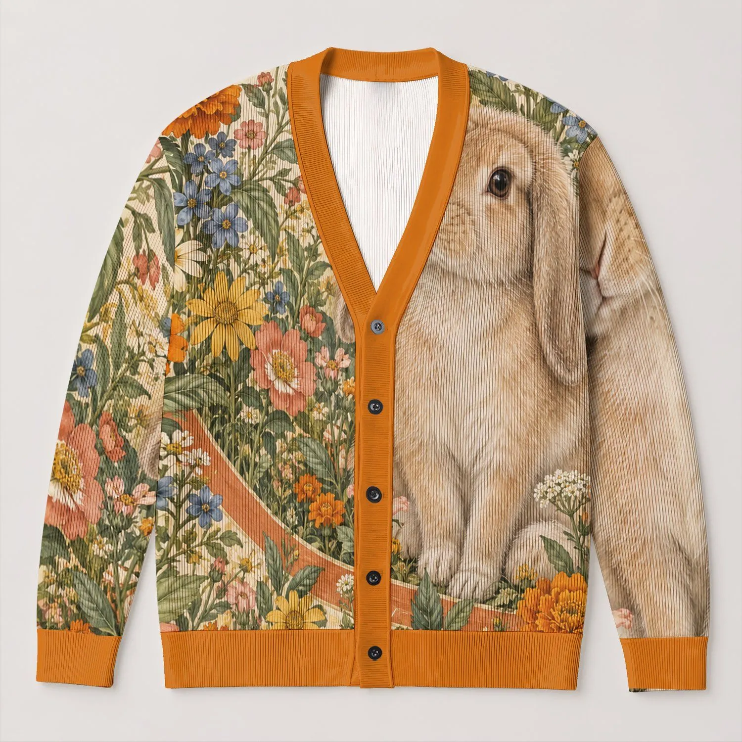 Lop-Eared Rabbit With Wildflowers For Everyday Cottagecore Layering, Nature Lovers All-over Print Knitted Cardigan - 1