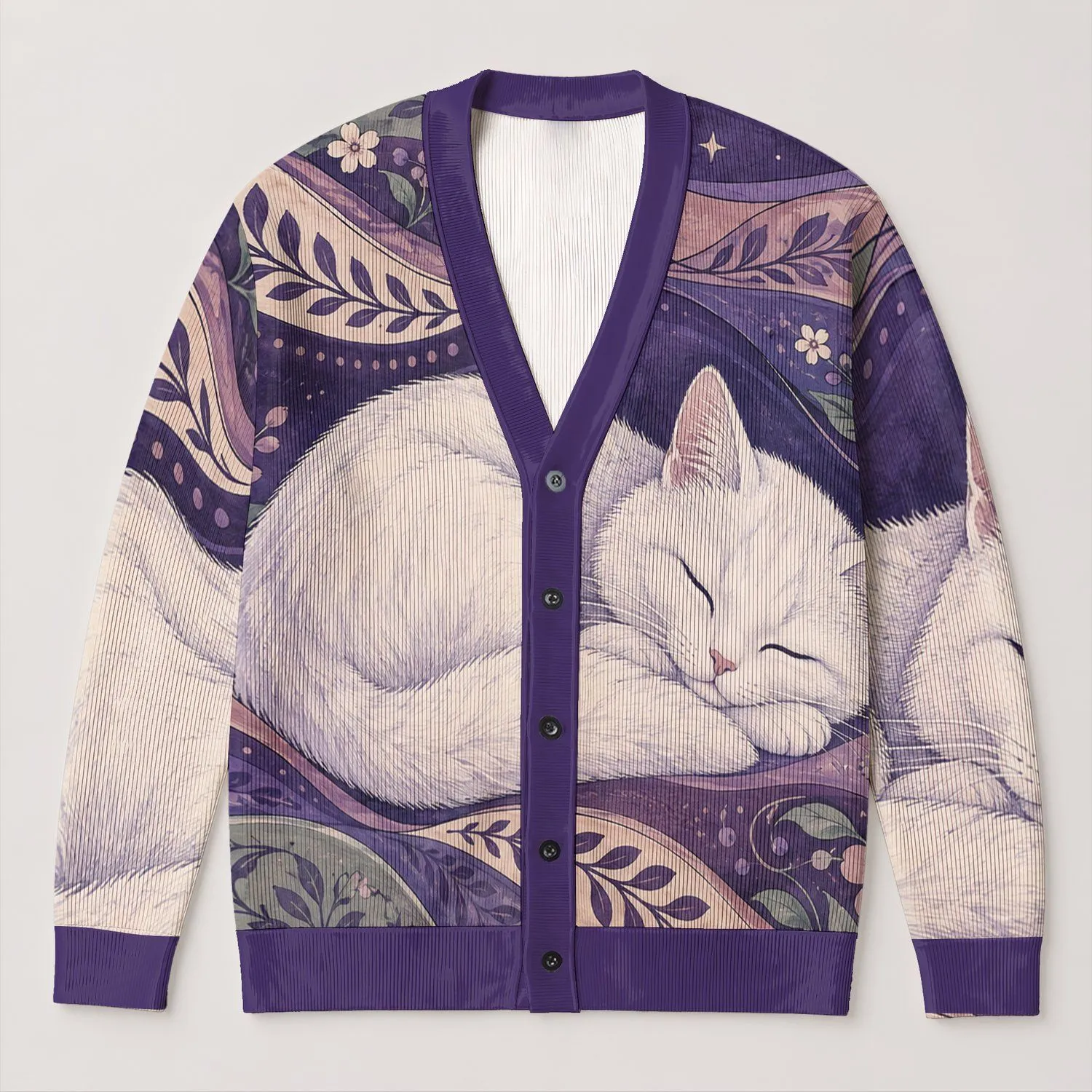 Sleeping White Cat Floral Waves Cozy Everyday Layering Gift For Cat Lovers Women All-over Print Knitted Cardigan - 1