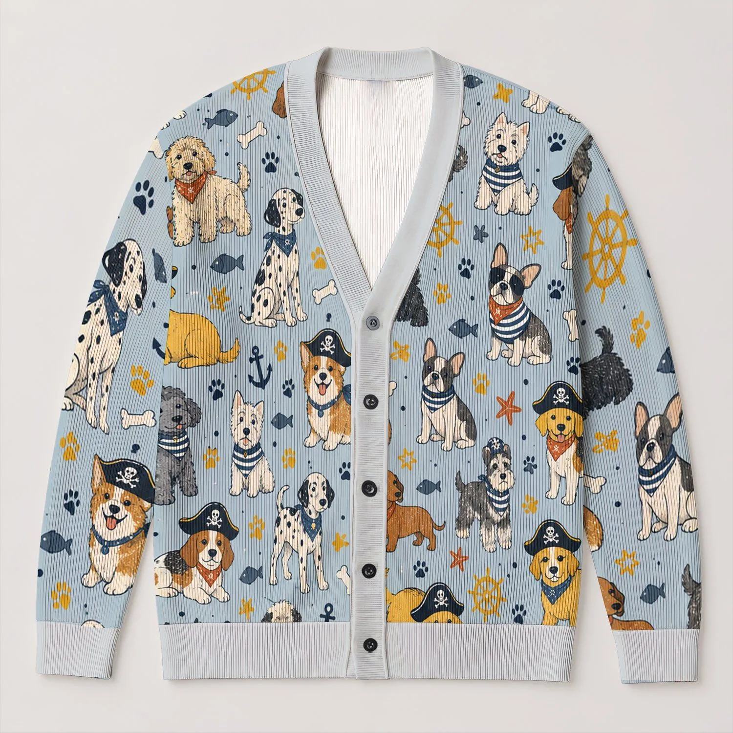 Pirate Dog Motifs for Relaxed Weekend Layers and Casual Adventures for Dog Lovers All-over Print Knitted Cardigan - 1