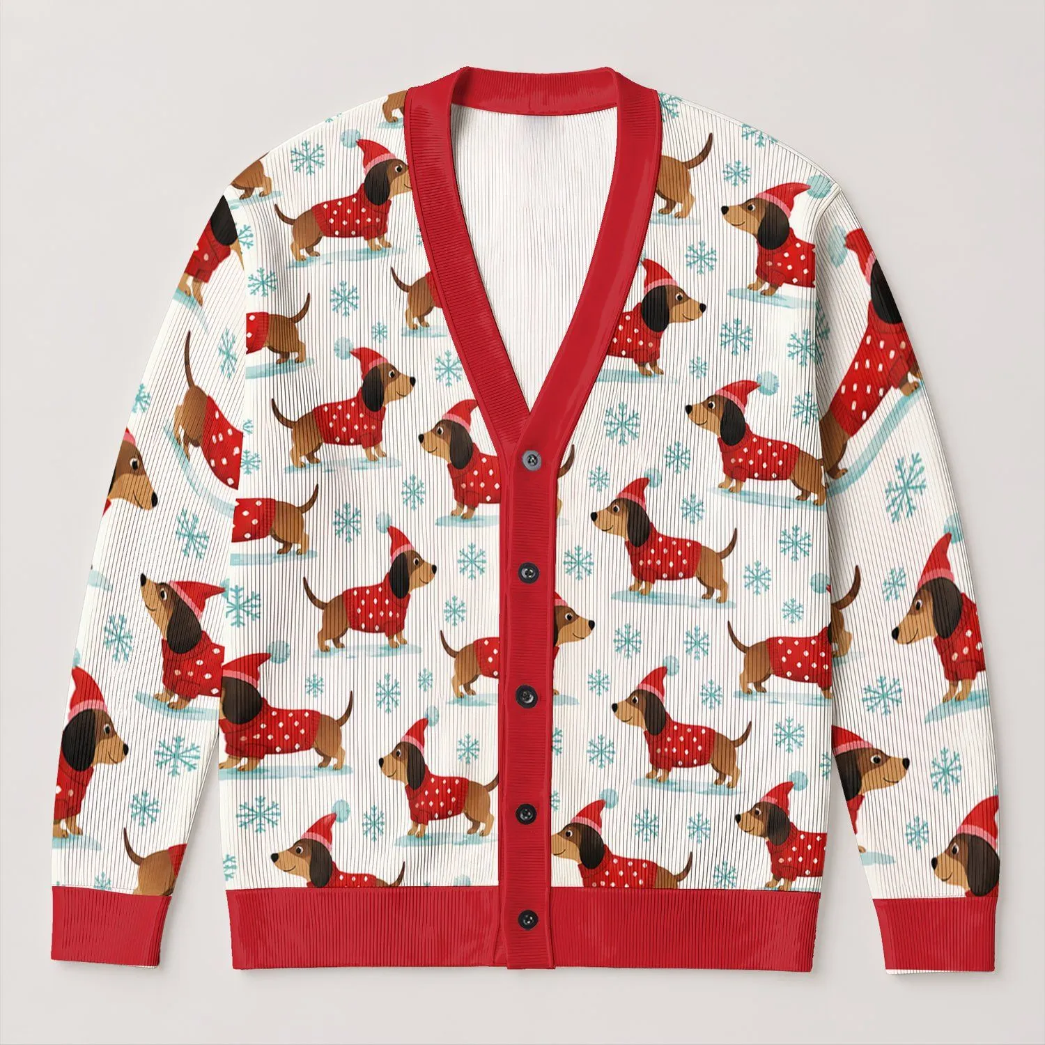 Festive Dachshund Dogs in Santa Sweaters for Holiday Travel and Cozy Winter Days All-over Print Knitted Cardigan - 1
