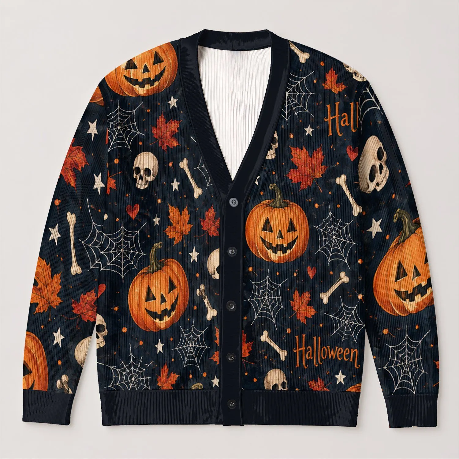 Jack-O'-Lanterns, Skulls and Maple Leaves for Autumn Halloween Gatherings for Women All-over Print Knitted Cardigan - 1