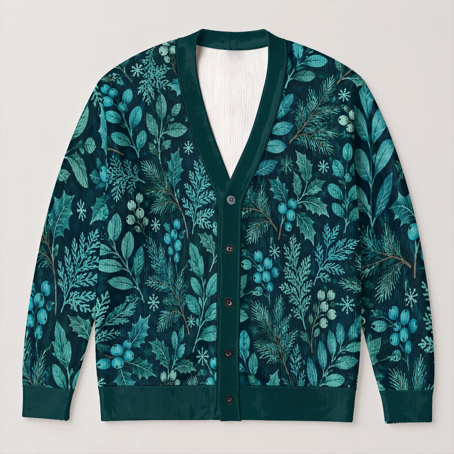 Teal Botanical Foliage for Cozy Autumn Outings and Everyday Layering for Modern Women All-over Print Knitted Cardigan - 1