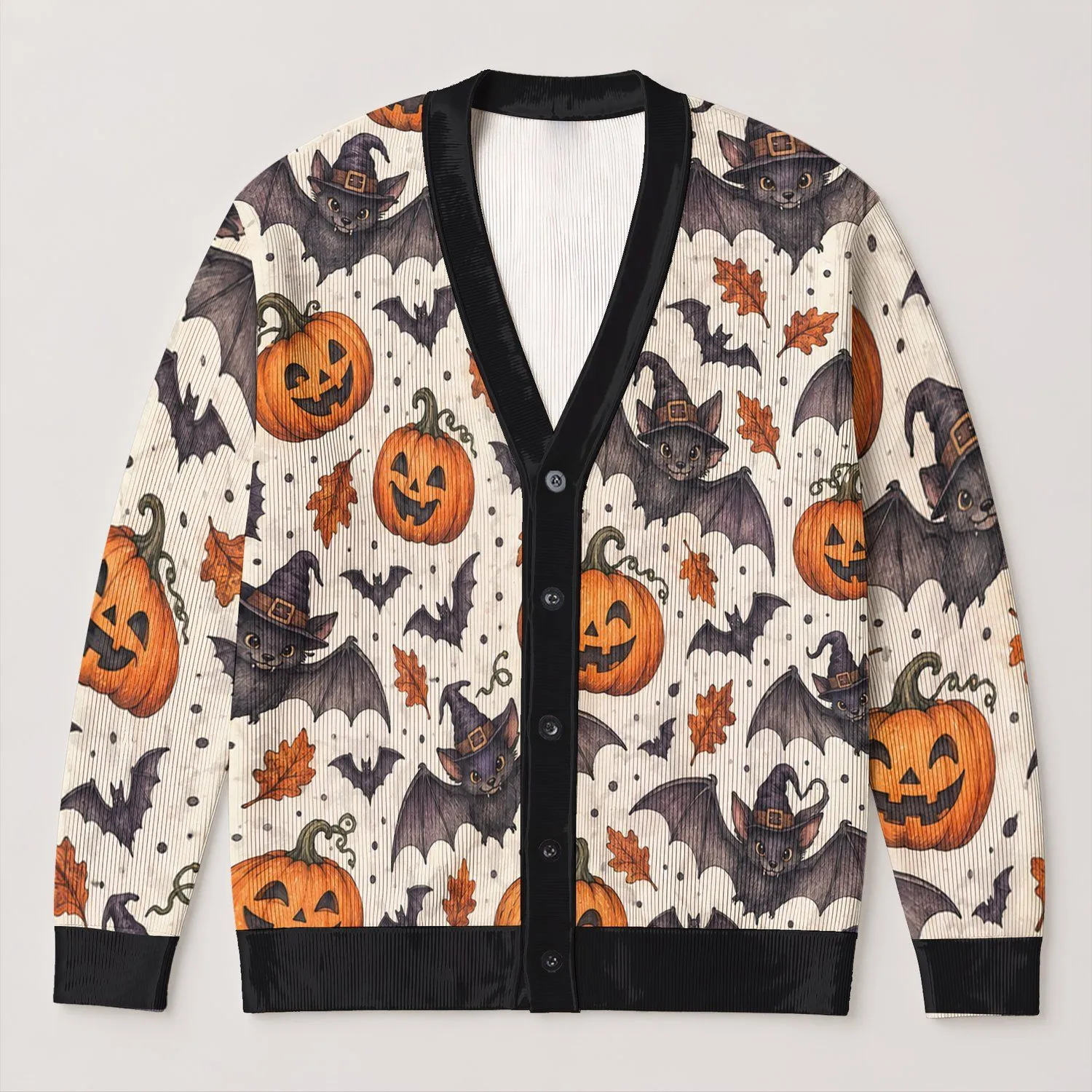 Bat And Pumpkin Halloween Style For Festive Autumn Layering And Cozy October Outings All-over Print Knitted Cardigan - 1