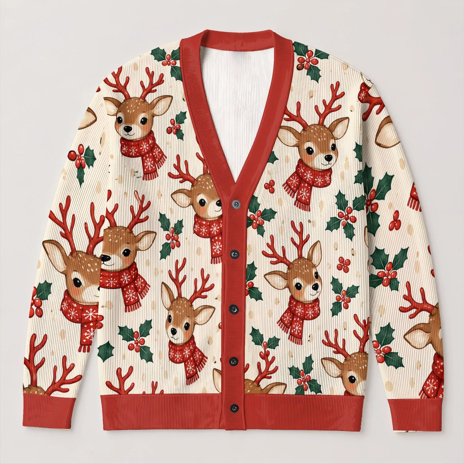 Reindeer Holly Winter Holiday Style For Cozy Seasonal Gatherings And Festive Outings All-over Print Knitted Cardigan - 1