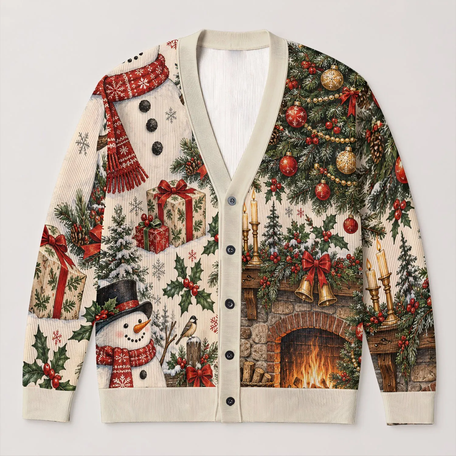 Festive Snowmen, Christmas Trees And Fireplace Scene For Cozy Winter Holiday Gatherings All-over Print Knitted Cardigan - 1