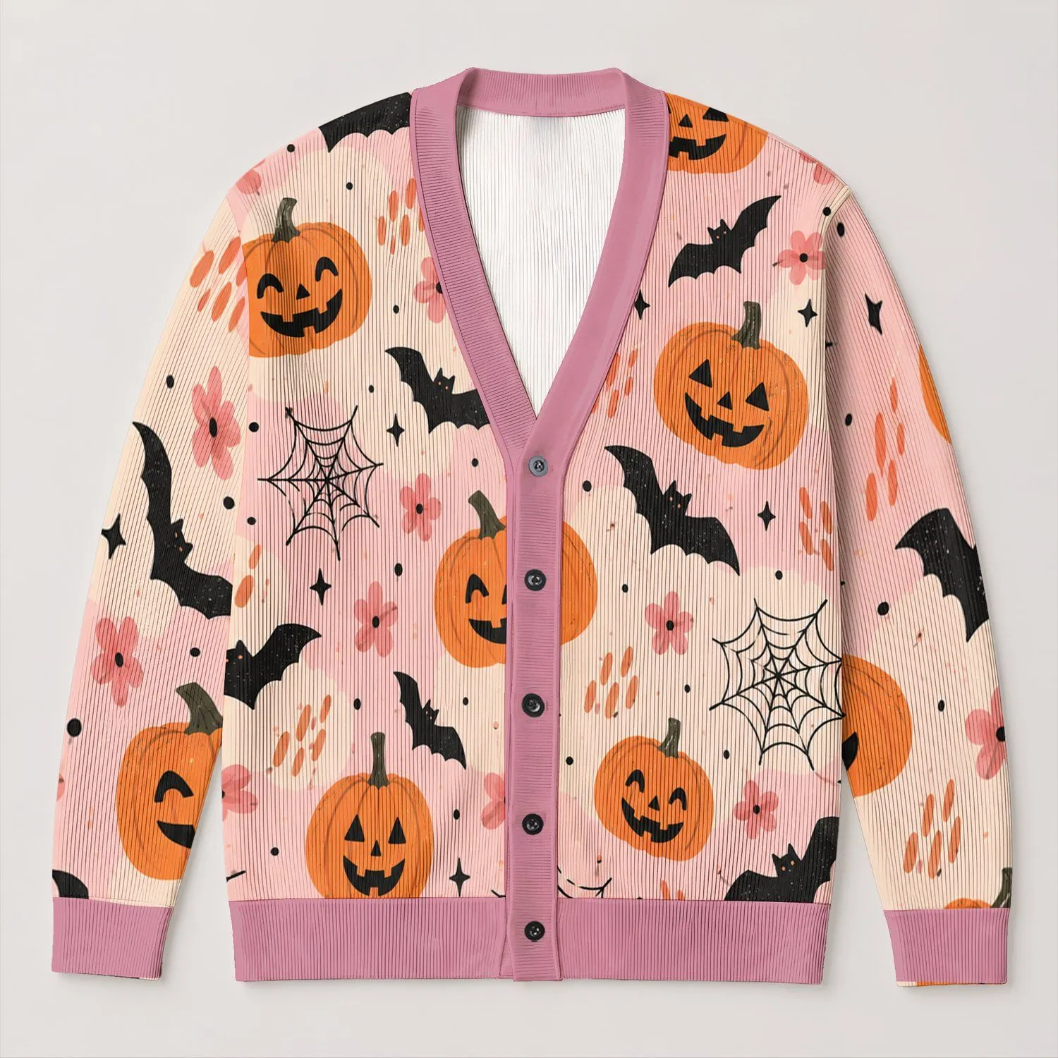 Pastel Halloween Pumpkins, Bats and Spiderwebs for Cozy Autumn Layering for Women All-over Print Knitted Cardigan - 1