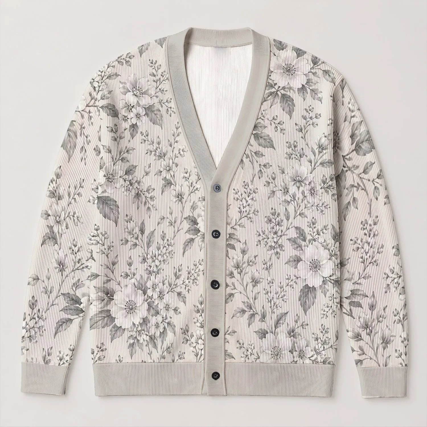 Monochrome Floral Botanical Layering Style for Soft Everyday Garden Living All-over Print Knitted Cardigan - 1
