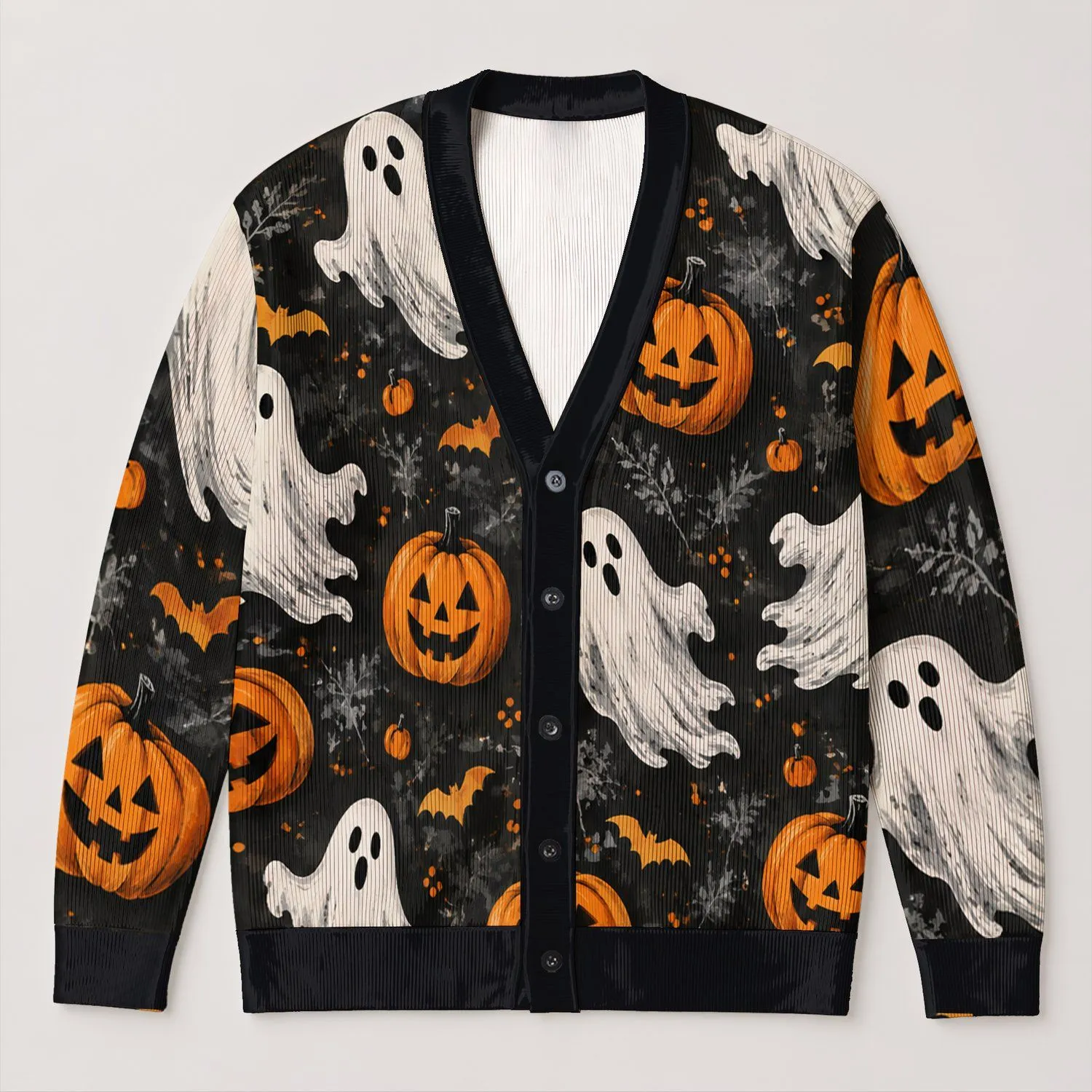 Cute Ghosts and Jack O Lanterns for Halloween Parties and Cozy Autumn Layering All-over Print Knitted Cardigan - 1