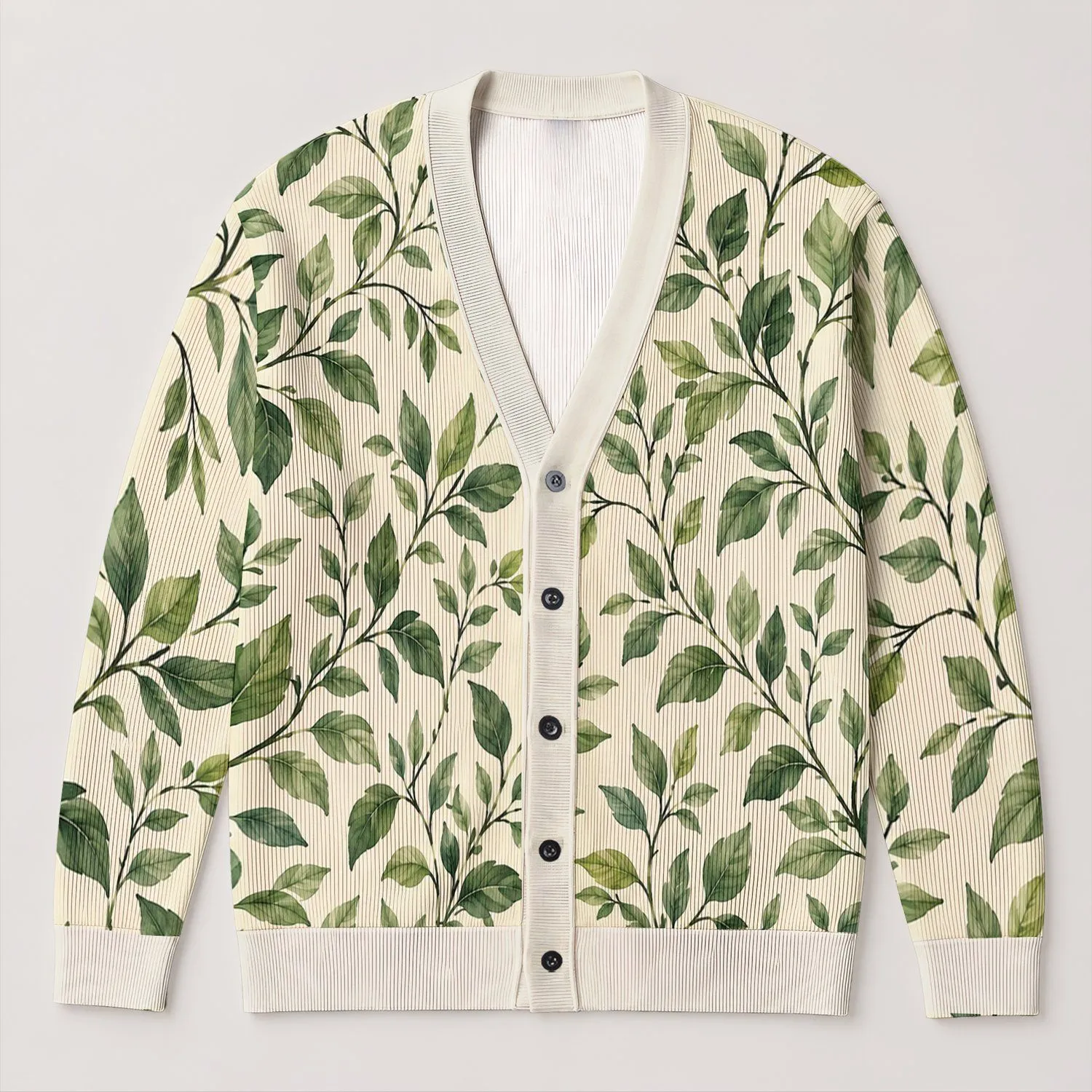 Green Botanical Vine Leaves For Cozy Autumn Layering And Everyday Women’s Casual Style All-over Print Knitted Cardigan - 1