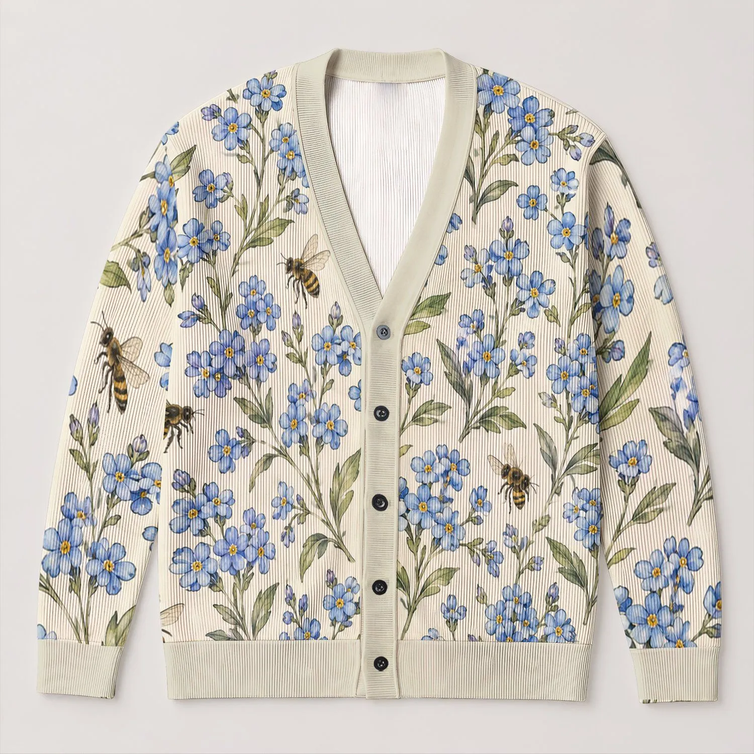 Blue Forget-Me-Not Blooms and Honeybees for Relaxed Autumn Office Layering Women All-over Print Knitted Cardigan - 1