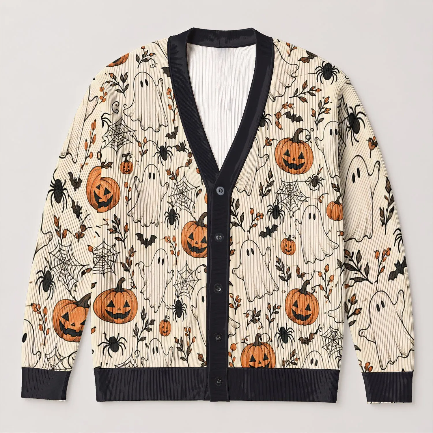 Ghost Pumpkin Halloween Motifs for Cozy Autumn Layering and Festive Gatherings, Women All-over Print Knitted Cardigan - 1
