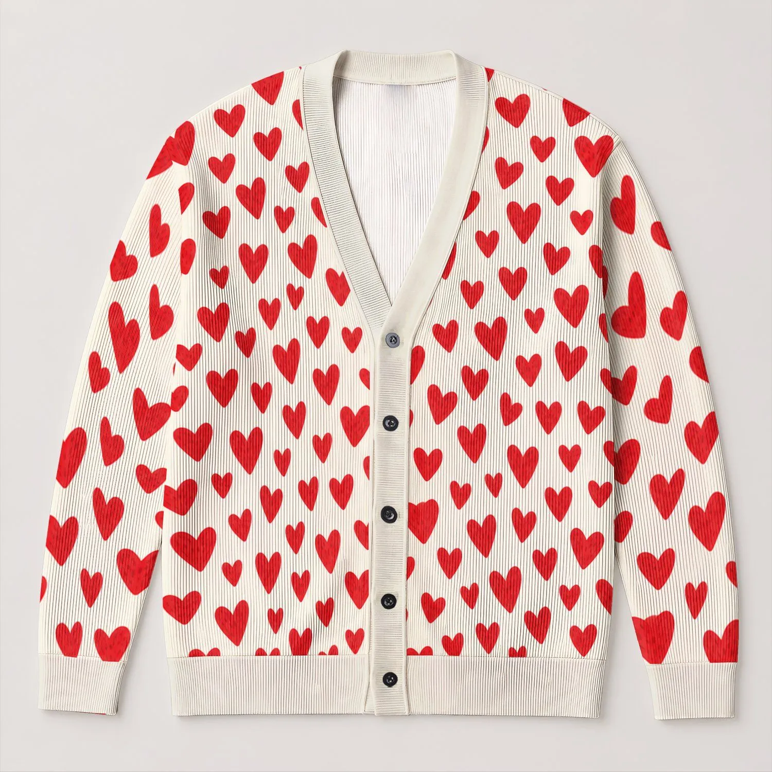 Red Heart Motif For Romantic Layering And Valentine Outings, Women's Everyday Style All-over Print Knitted Cardigan - 1