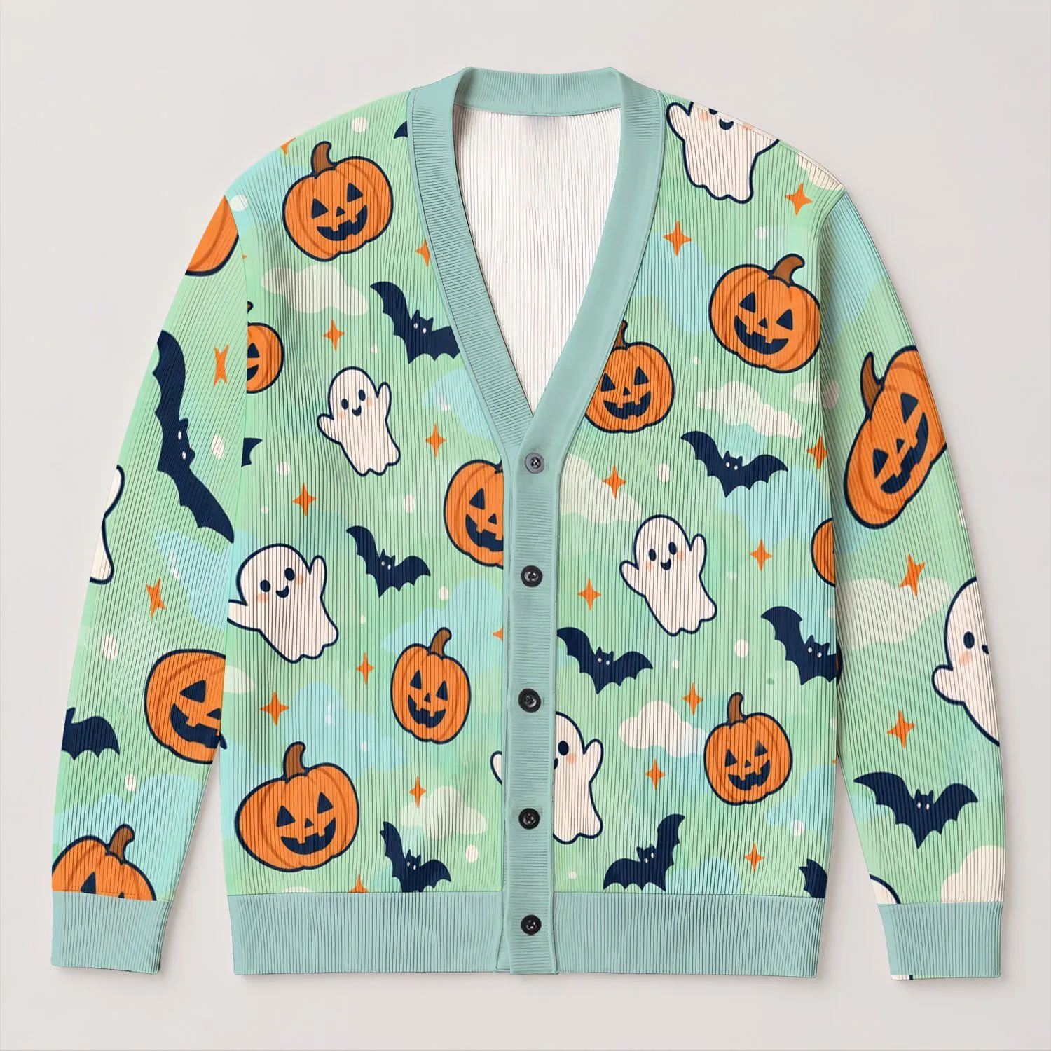 Halloween Pumpkins, Bats and Ghosts for Cozy Autumn Layering and Casual Womenswear All-over Print Knitted Cardigan - 1
