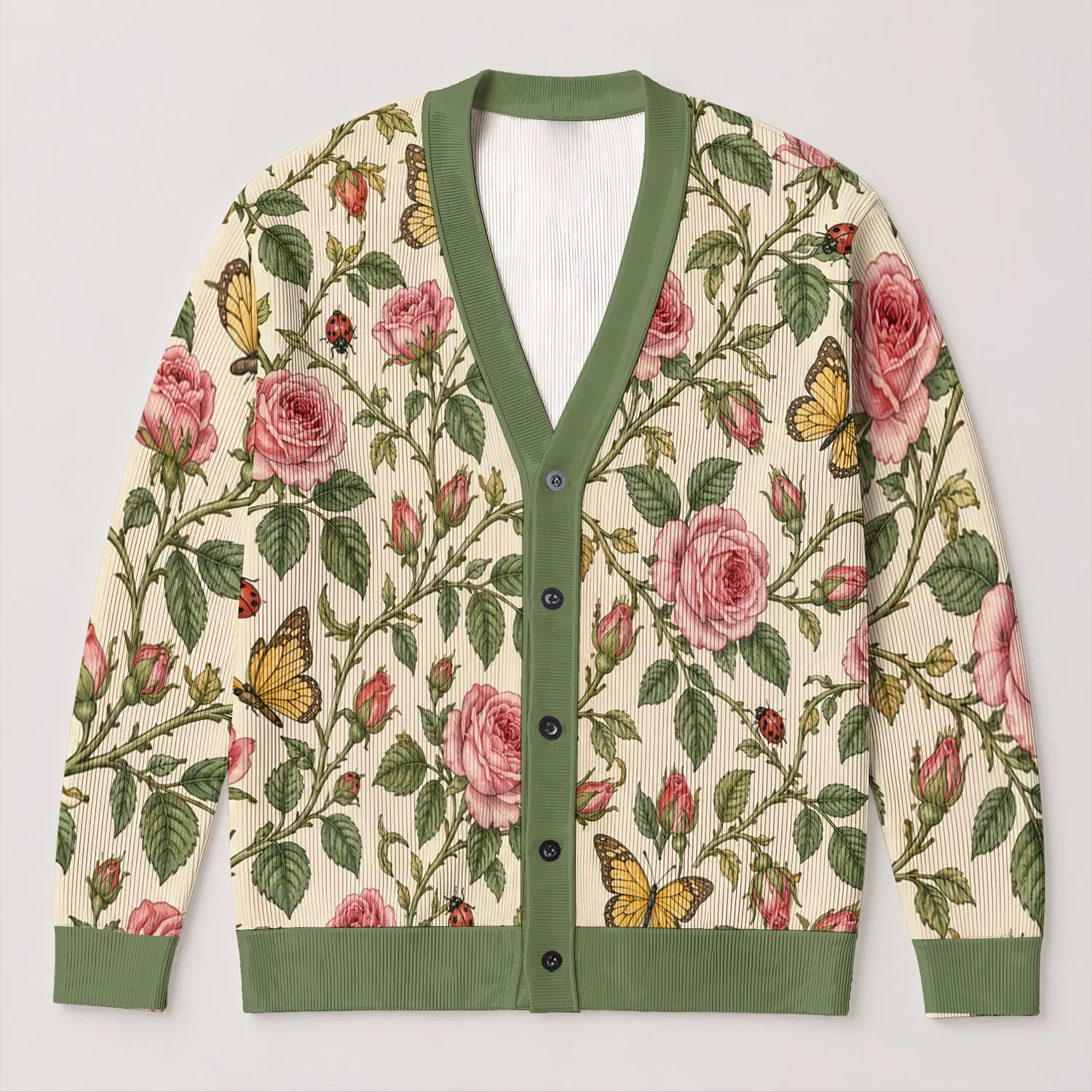 Pink Roses and Golden Butterflies for Everyday Garden Style, Feminine Nature Gift All-over Print Knitted Cardigan - 1
