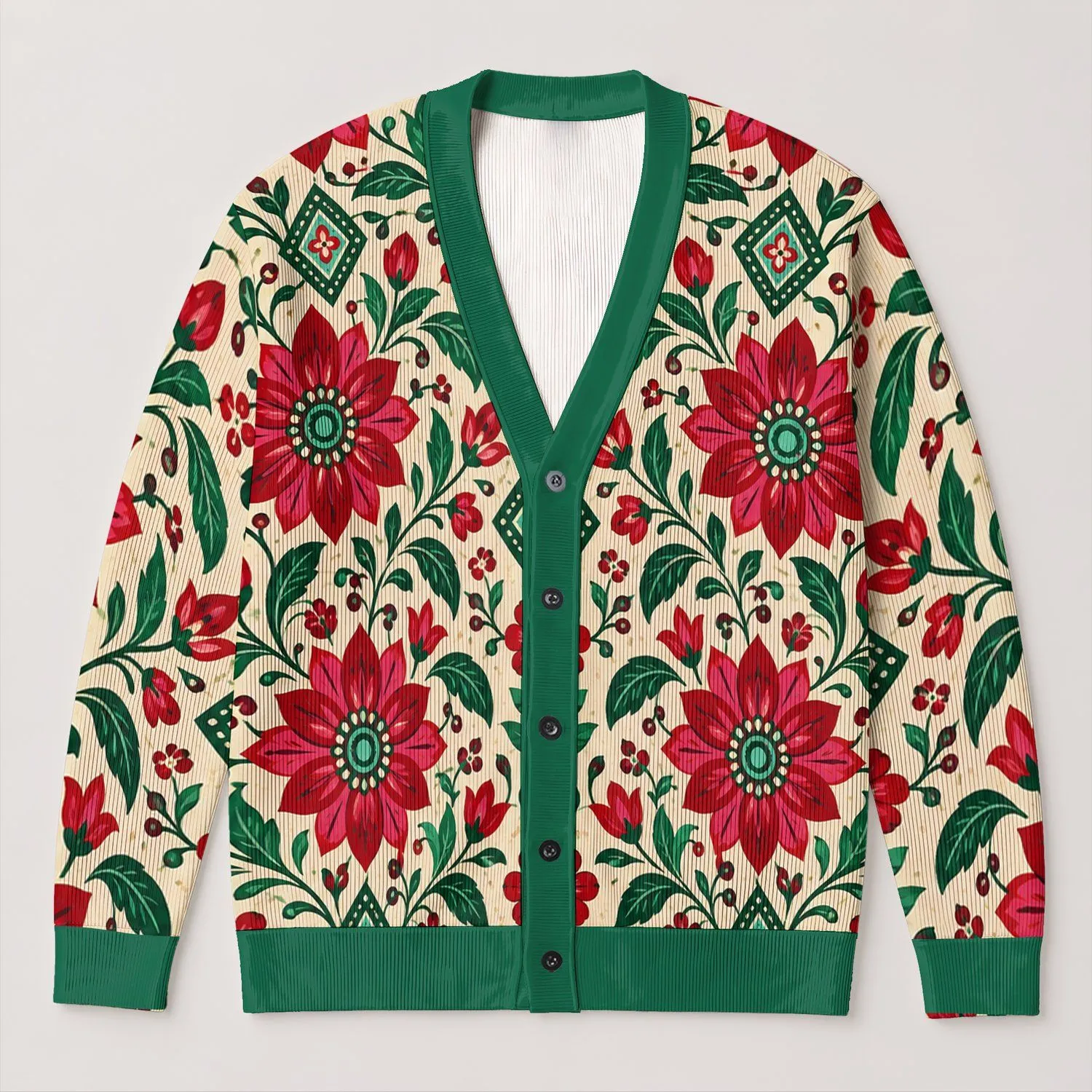 Red Green Floral Boho Botanical Style for Everyday Layering and Spring Autumn Wear All-over Print Knitted Cardigan - 1