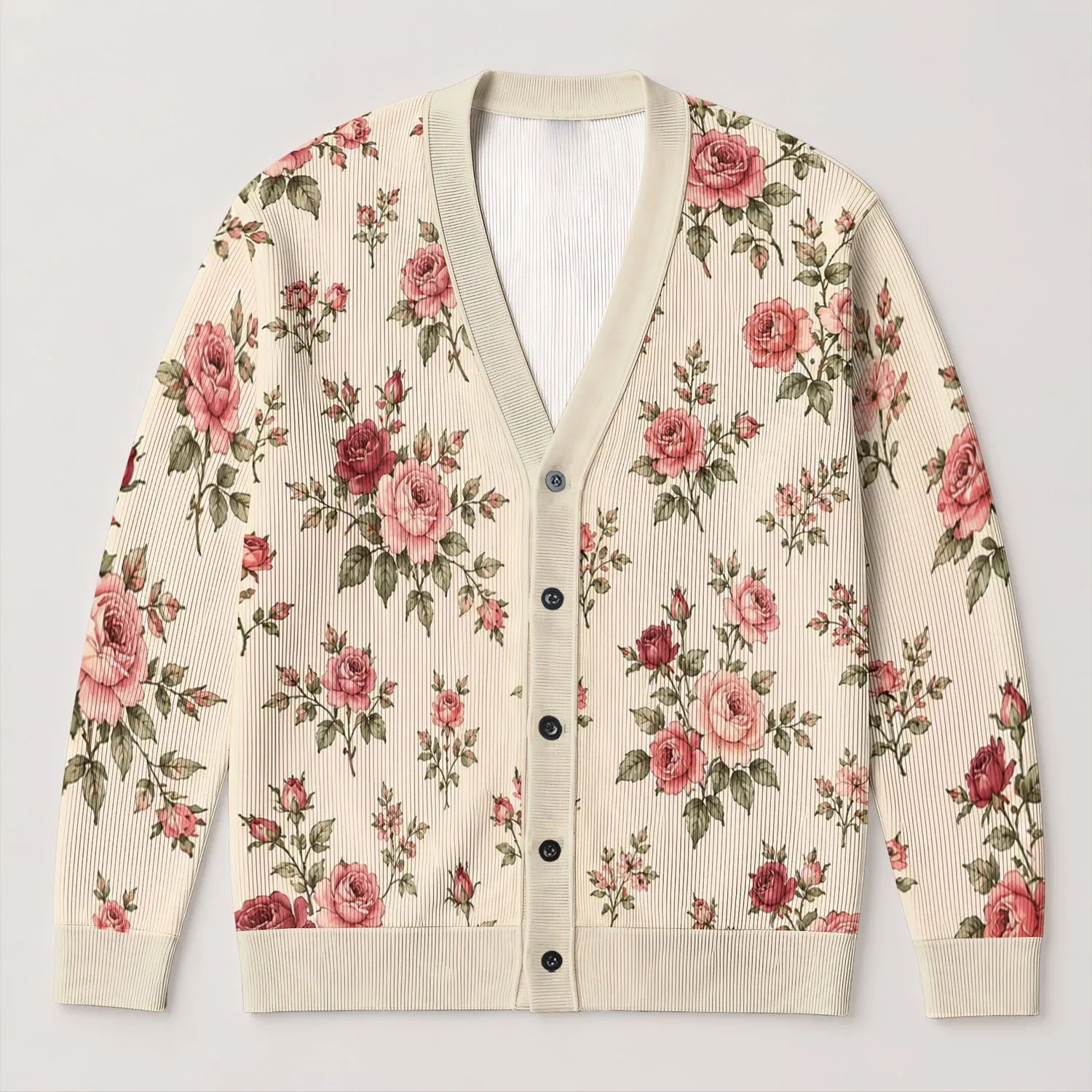Vintage Rose Floral Motif For Cozy Autumn Layering, Romantic Weekend Style And Travel All-over Print Knitted Cardigan - 1