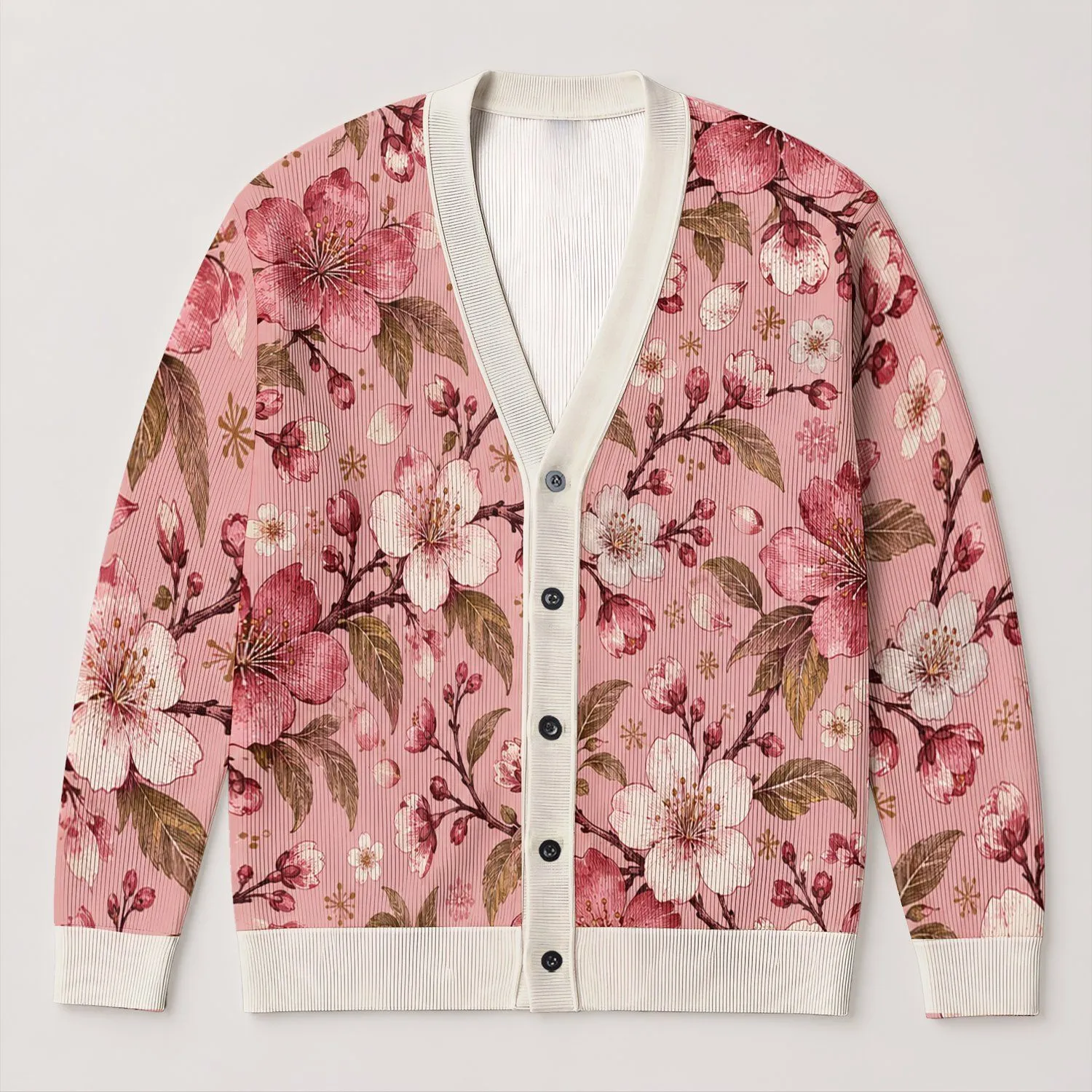 Pink Cherry Blossom Floral Motifs for Vacation Date Nights and Everyday Layering Style All-over Print Knitted Cardigan - 1