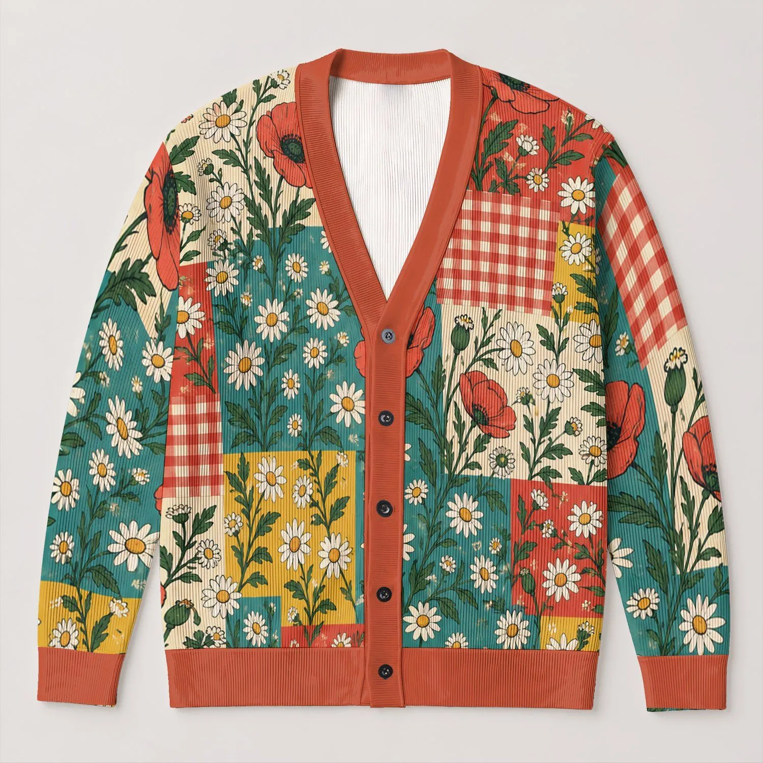 Colorful Floral Patchwork Style for Casual Spring Outings and Holiday Layering Women All-over Print Knitted Cardigan - 1