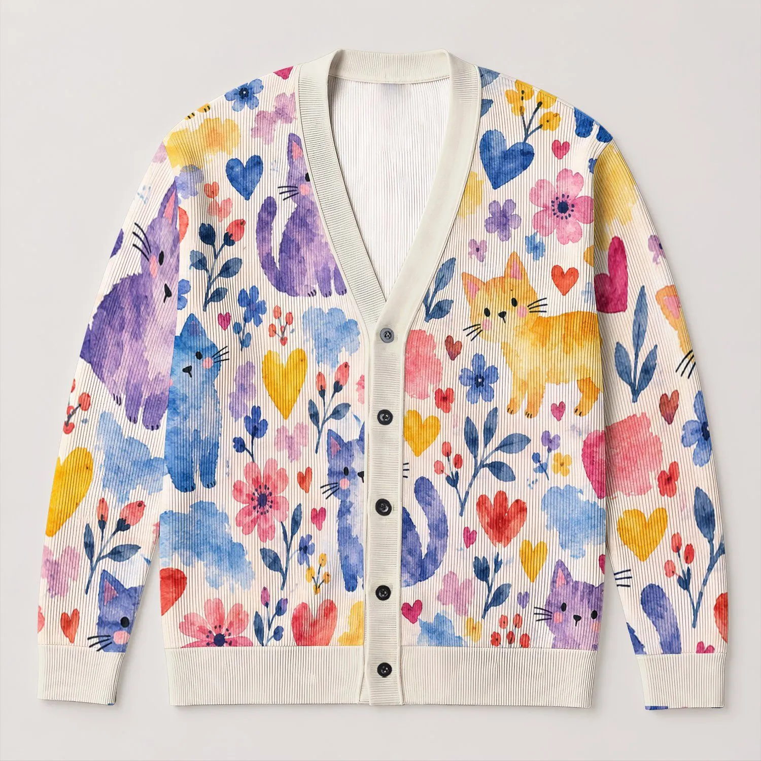Colorful Watercolor Cat Hearts for Cozy Everyday Layering and Spring Gatherings All-over Print Knitted Cardigan - 1