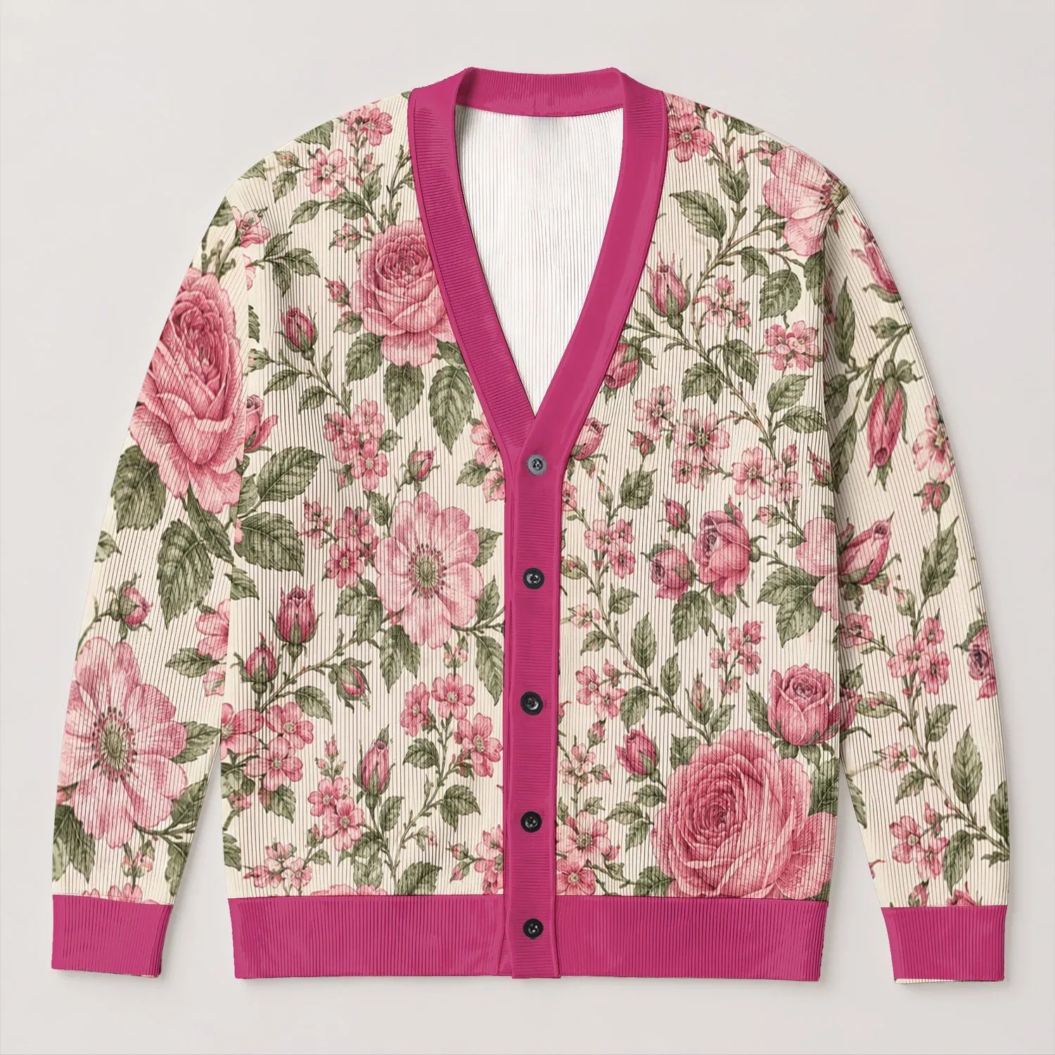 Pink Botanical Roses For Everyday Layering At Work And Weekend Garden Gatherings All-over Print Knitted Cardigan - 1