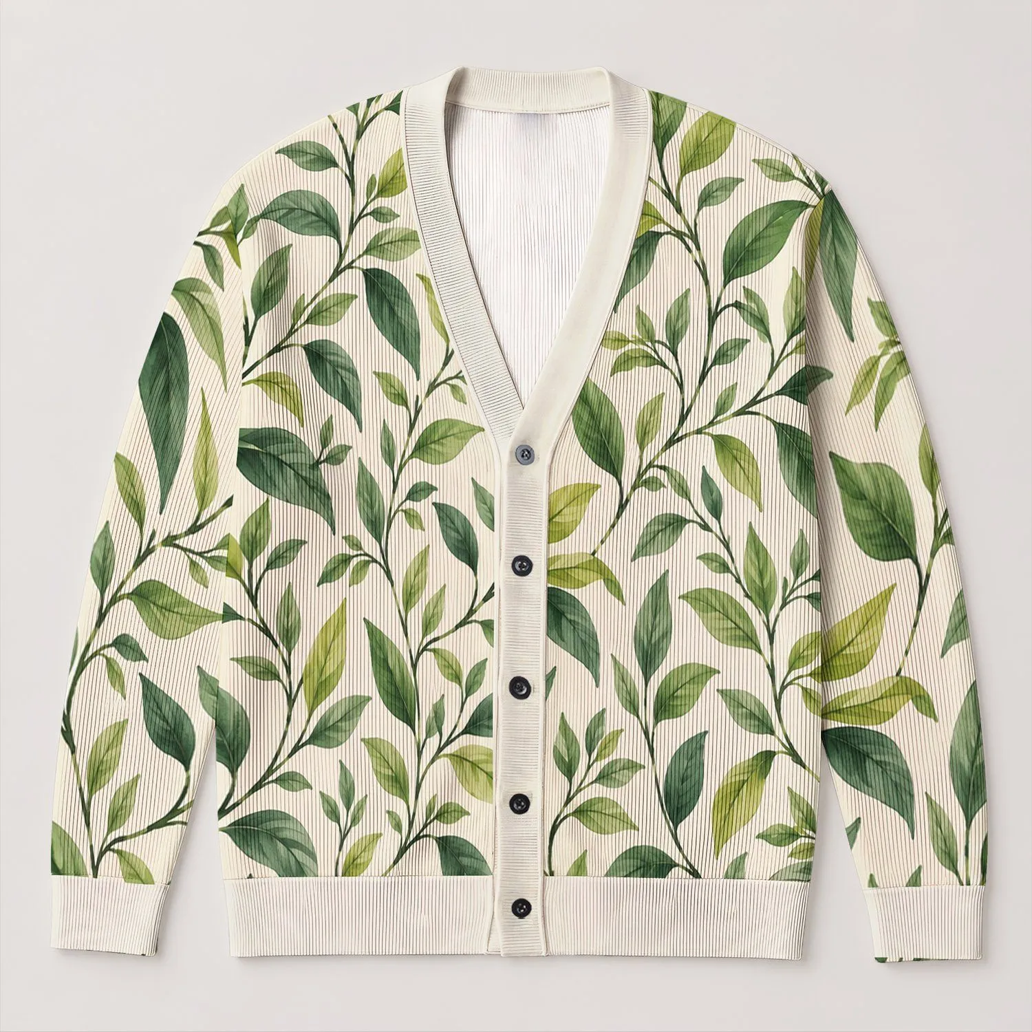 Fresh Green Leaf Vines for Relaxed Everyday Layering and Bohemian Style Women All-over Print Knitted Cardigan - 1
