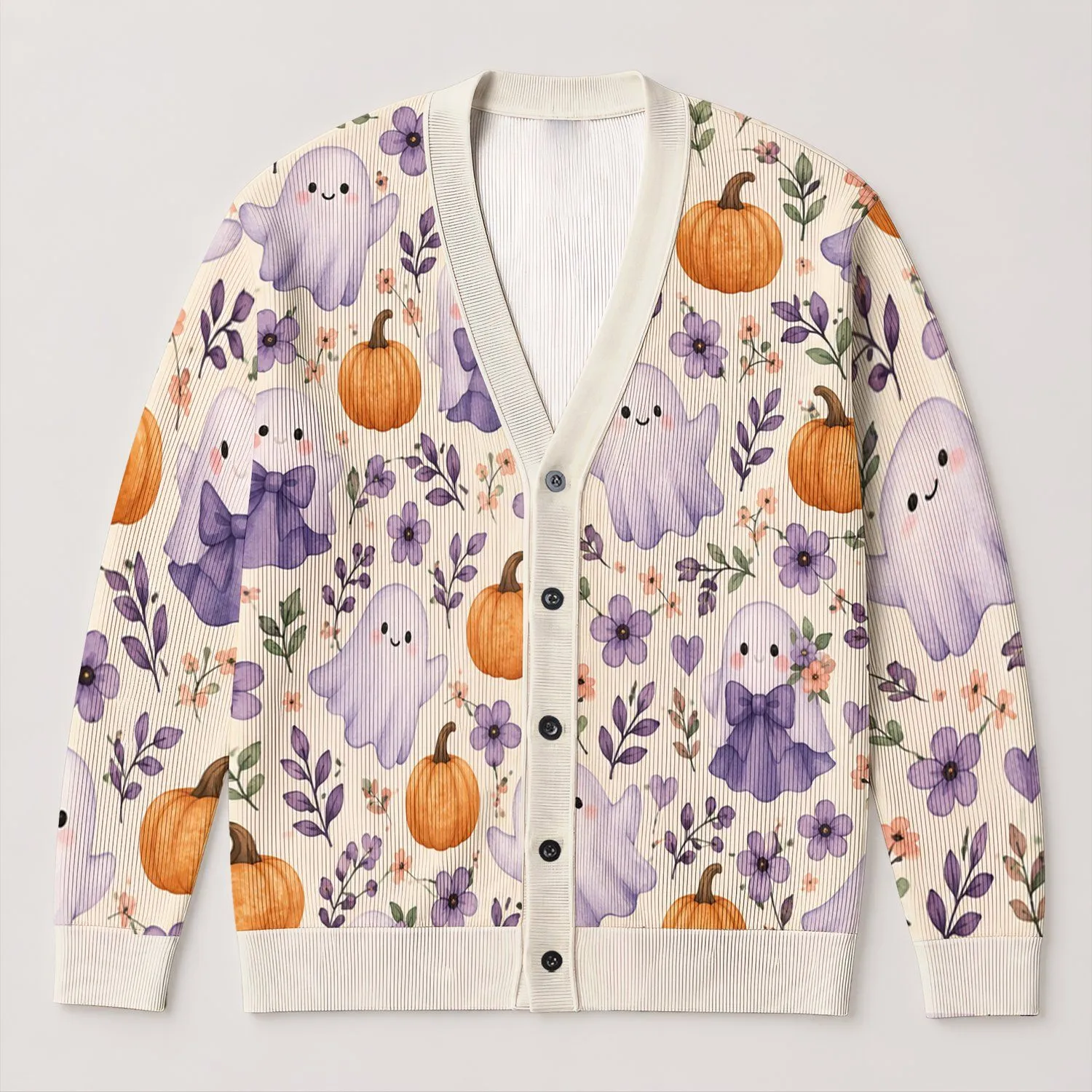 Cute Ghosts and Pumpkins for Cozy Fall Halloween Outings, Women and Teen Girls to Wear All-over Print Knitted Cardigan - 1