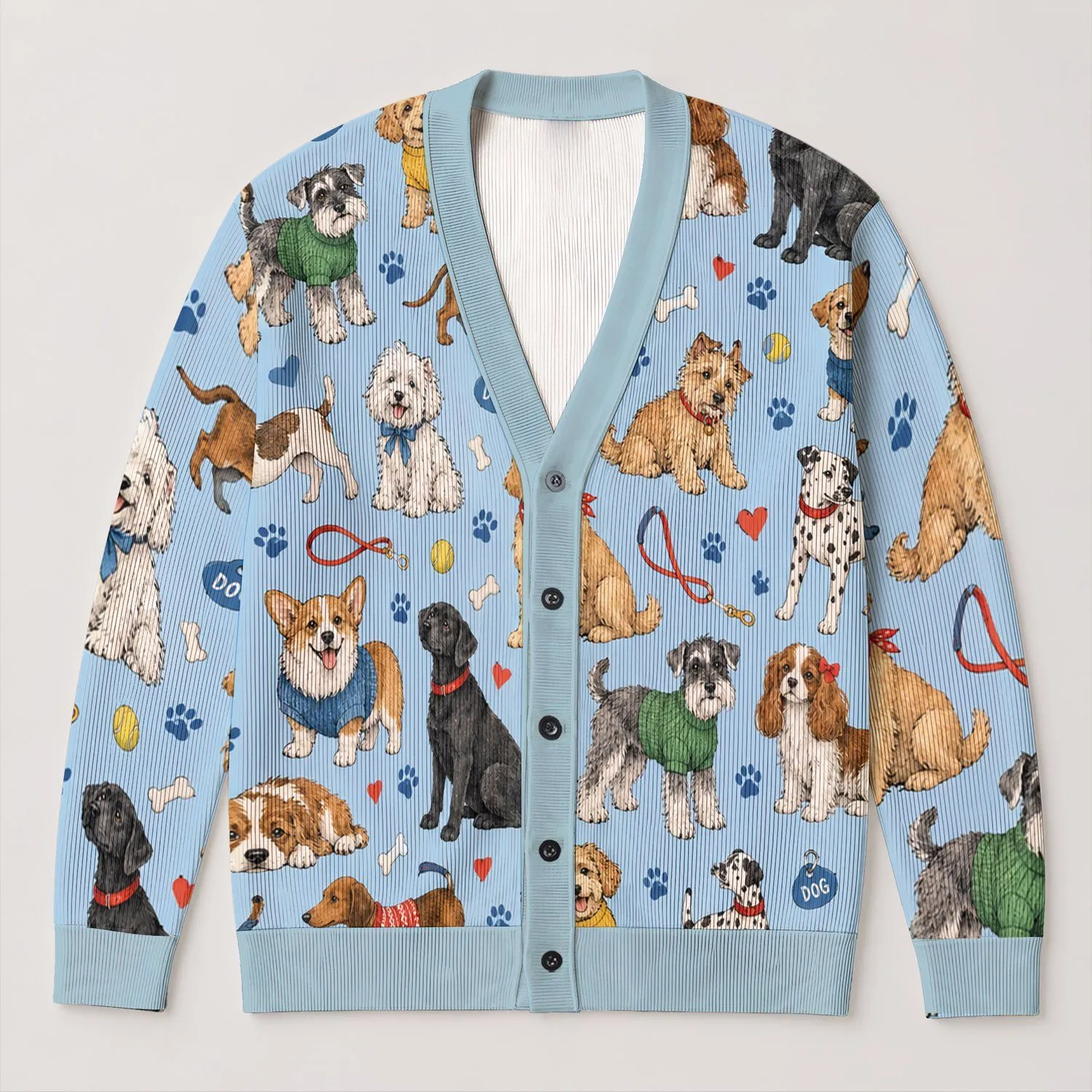 Vintage Dressed Dog Parade For Cozy Everyday Layering, Casual Weekends, And Dog Lovers All-over Print Knitted Cardigan - 1