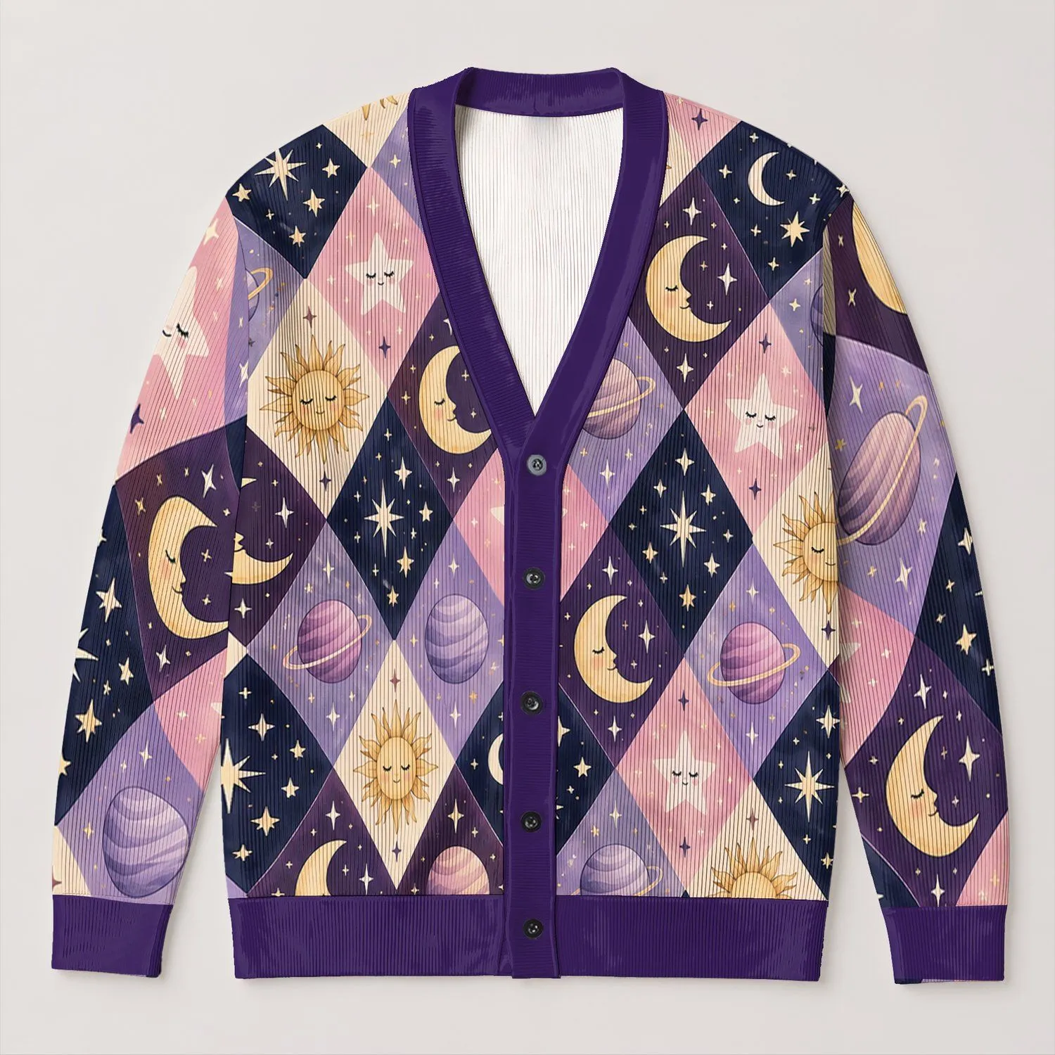 Celestial Moon And Planet Motifs For Dreamy Layering, Date Nights And Weekend Getaways All-over Print Knitted Cardigan - 1