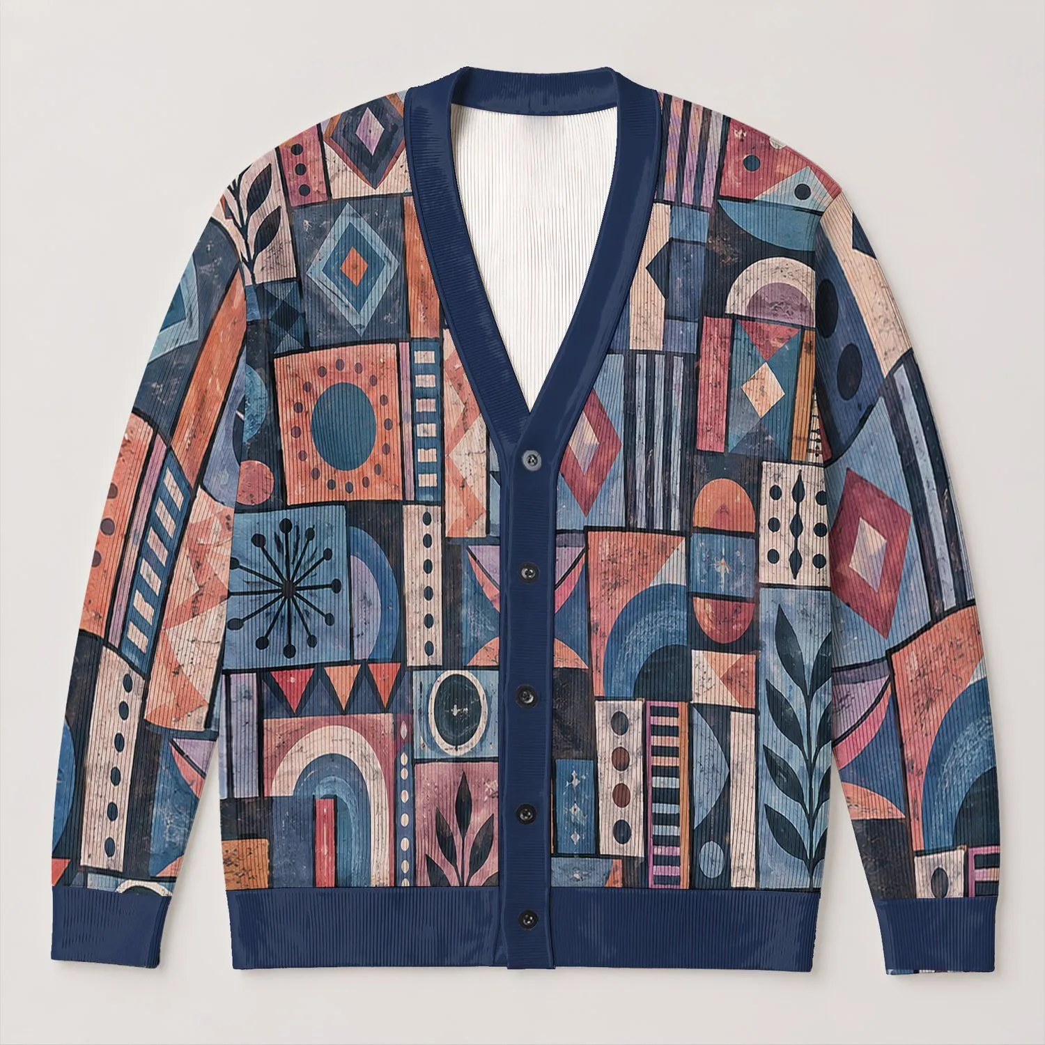 Abstract Indigo Patchwork Motifs for Layered Autumn Outfits and Everyday Weekend Style All-over Print Knitted Cardigan - 1