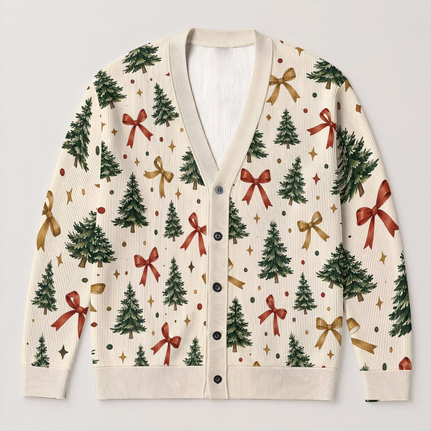 Evergreen Trees and Ribbon Bows for Cozy Holiday Gatherings and Winter Gift Giving All-over Print Knitted Cardigan - 1