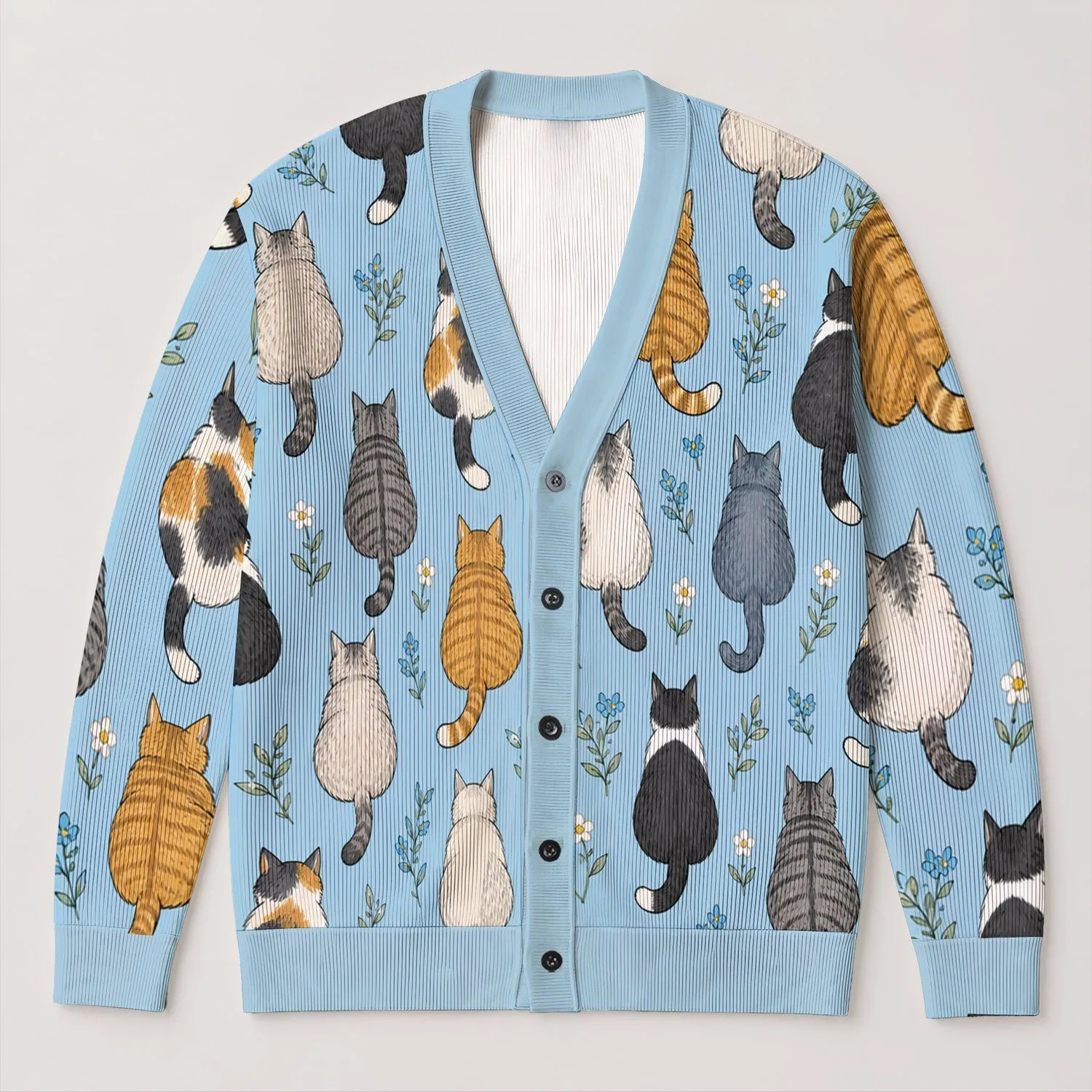 Playful Cat Silhouettes in Blue Tones for Casual Everyday Layering and Weekend Style All-over Print Knitted Cardigan - 1