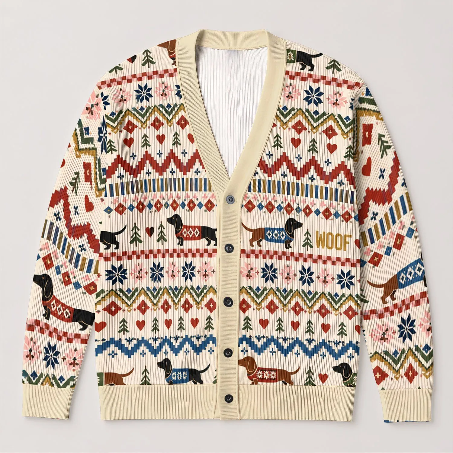 Sausage Dog Fair Isle Motifs for Cozy Weekend Layering and Everyday Womens Style All-over Print Knitted Cardigan - 1