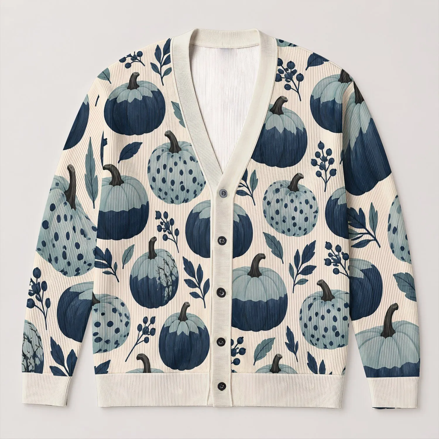Navy And Mint Pumpkin Motifs For Autumn Halloween Layering And Cozy Everyday Women's Style All-over Print Knitted Cardigan - 1