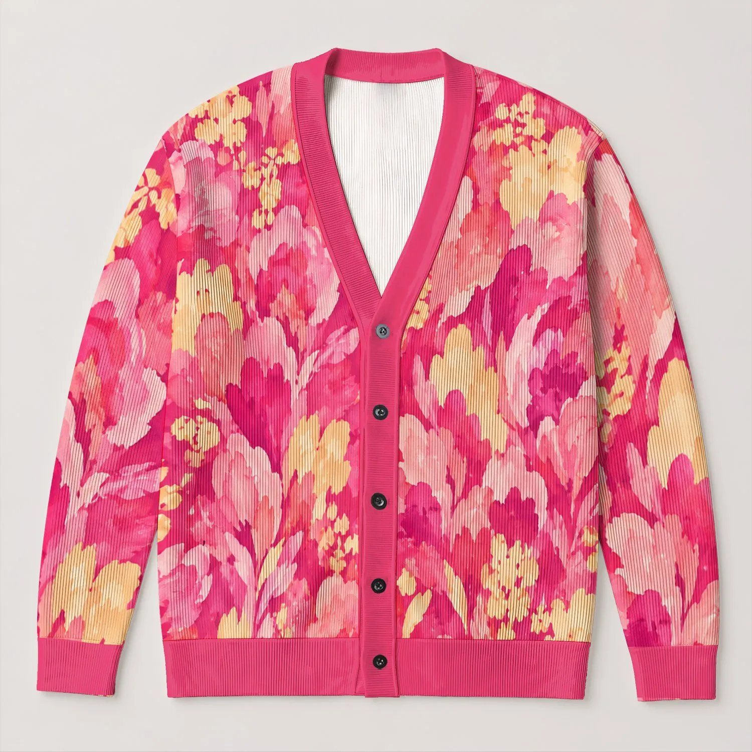 Pink Yellow Watercolor Floral Waves for Cozy Autumn Layers, Youthful Women's Style All-over Print Knitted Cardigan - 1