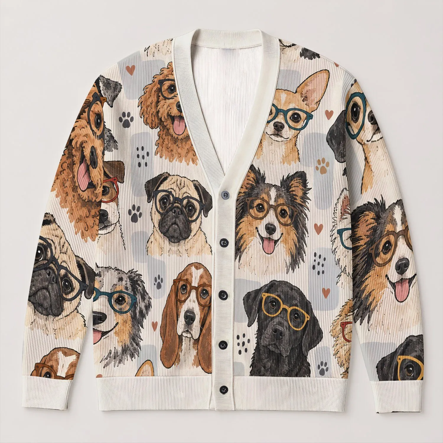 Quirky Dog Faces With Glasses For Playful Everyday Layering And Cozy Pet Lover Style All-over Print Knitted Cardigan - 1