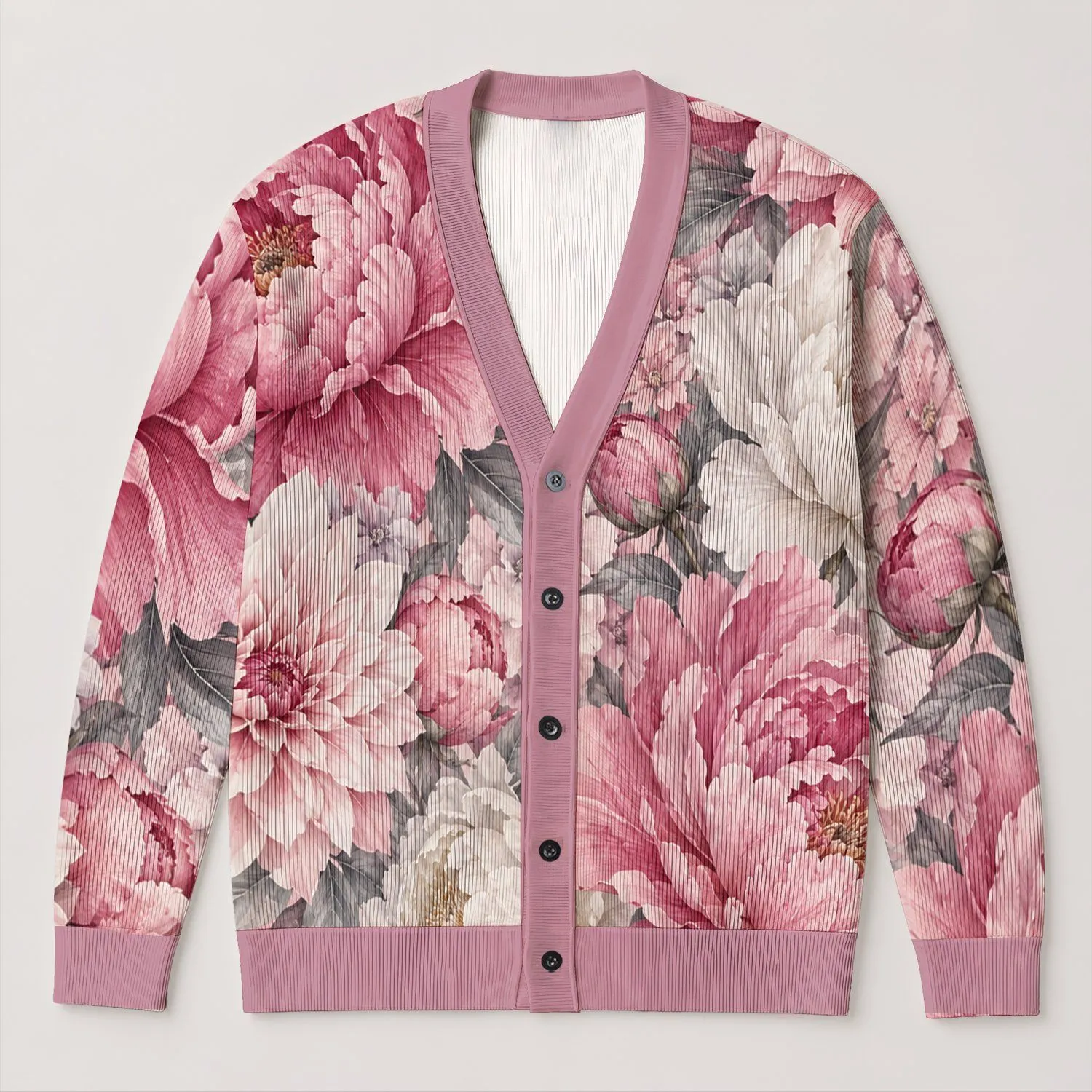 Pink Peony Blossoms for Romantic Everyday Layering and Spring Garden Weekend Style All-over Print Knitted Cardigan - 1
