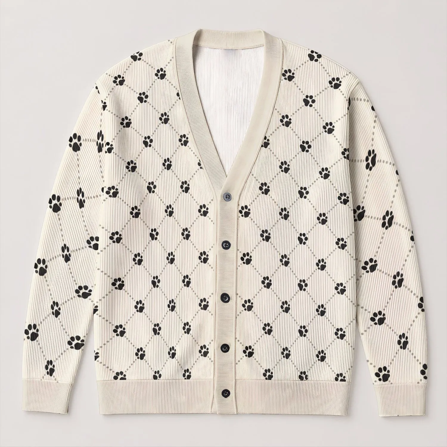 Black Paw Prints on Cream Diamond Lattice for Cozy Everyday Layering and Dog Lovers All-over Print Knitted Cardigan - 1