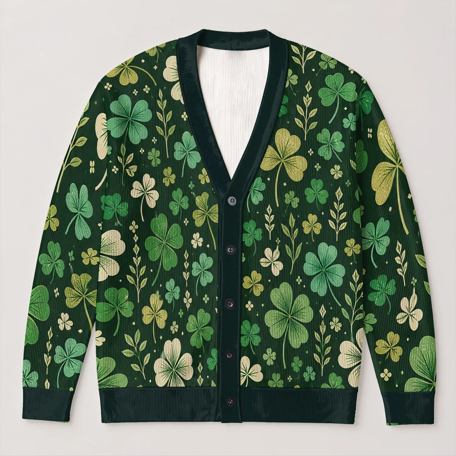Emerald Shamrock Clover Garden For St. Patrick’s Day Layering And Casual Outings For Women All-over Print Knitted Cardigan - 1